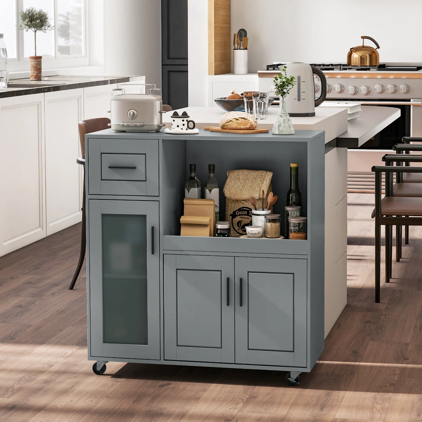 Mobile Kitchen Island Cart with Drawer Storage Glass Cabinet and Locking Wheels