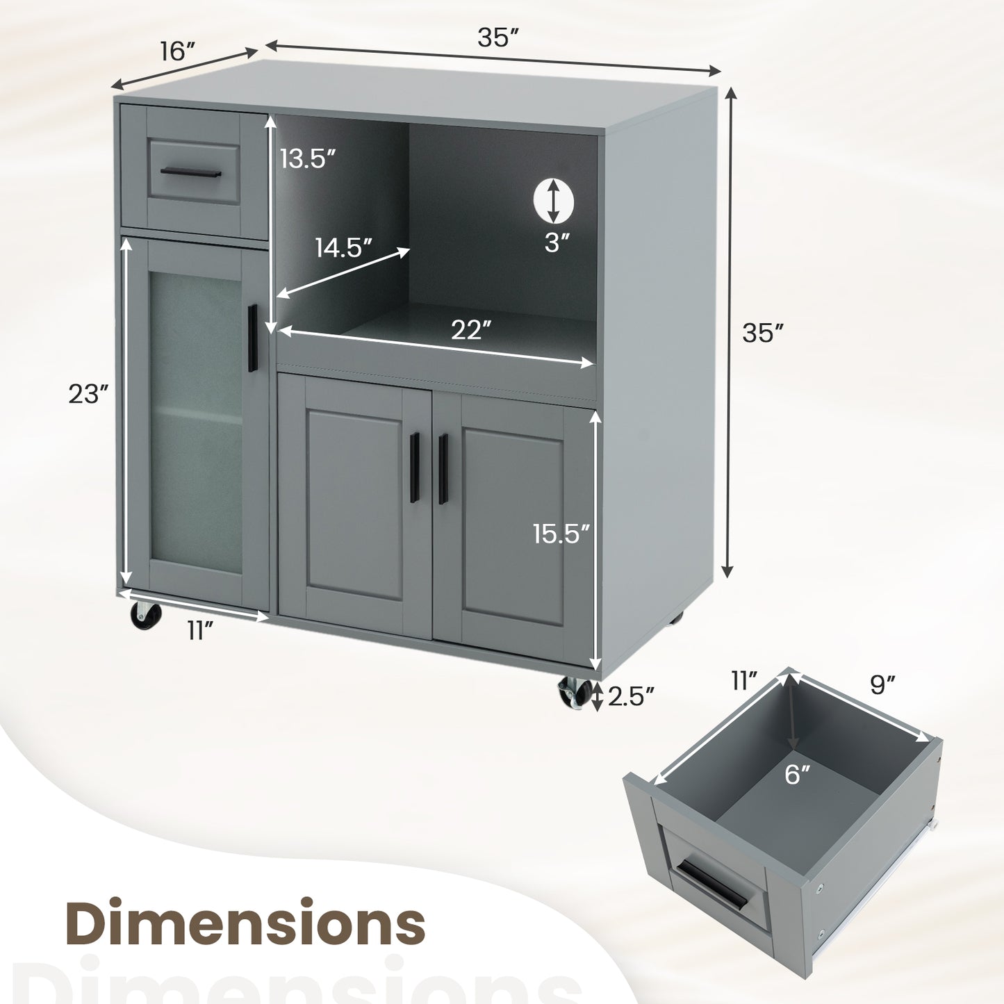 Mobile Kitchen Island Cart with Drawer Storage Glass Cabinet and Locking Wheels