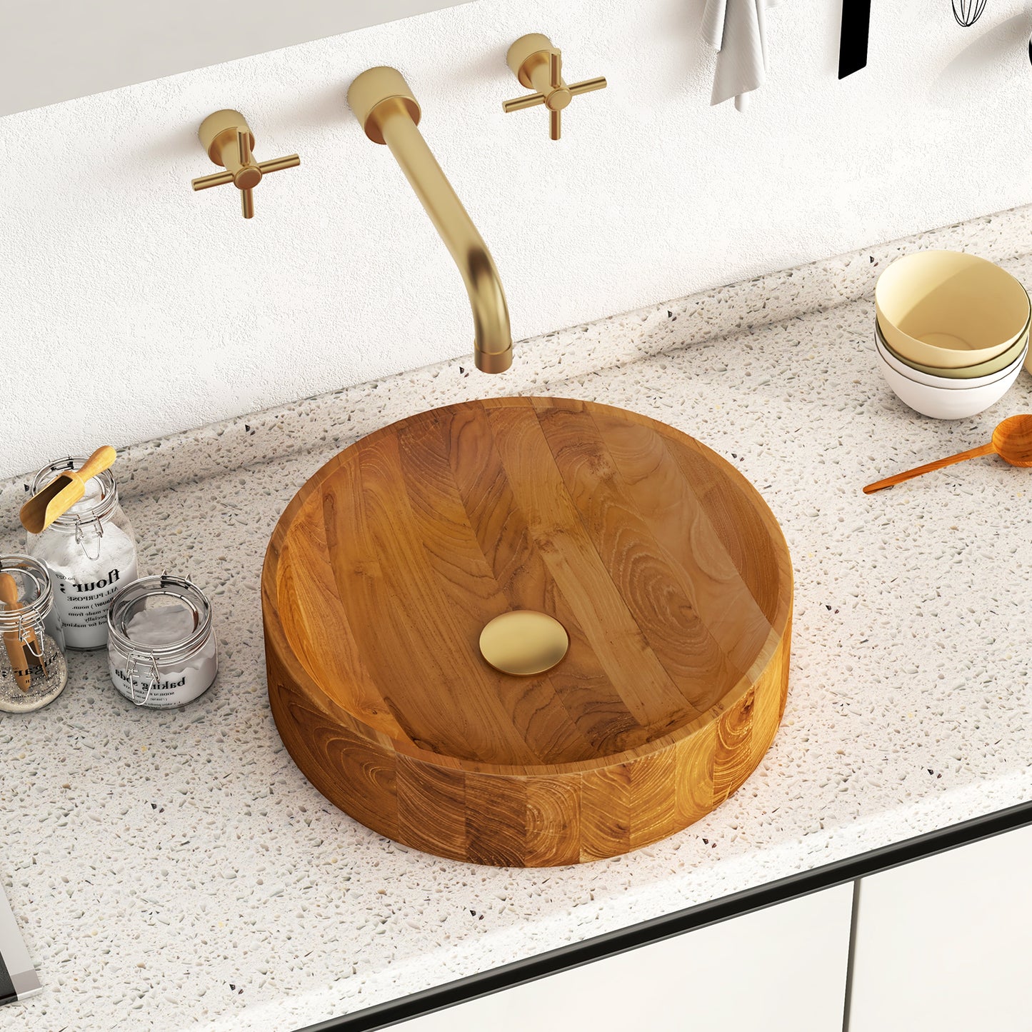Elegant 16 Inch Teak Wood Washbasin with Smooth Finish and Soft Curves