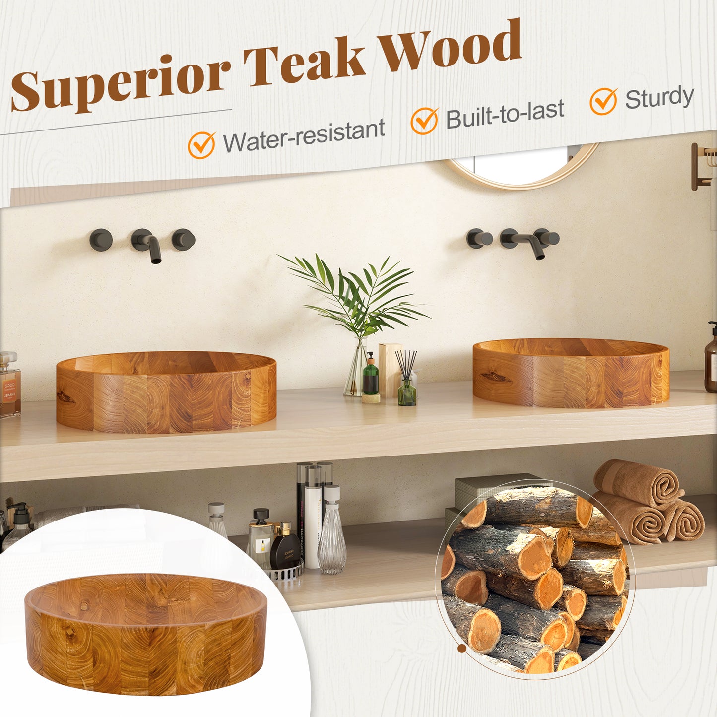 Elegant 16 Inch Teak Wood Washbasin with Smooth Finish and Soft Curves