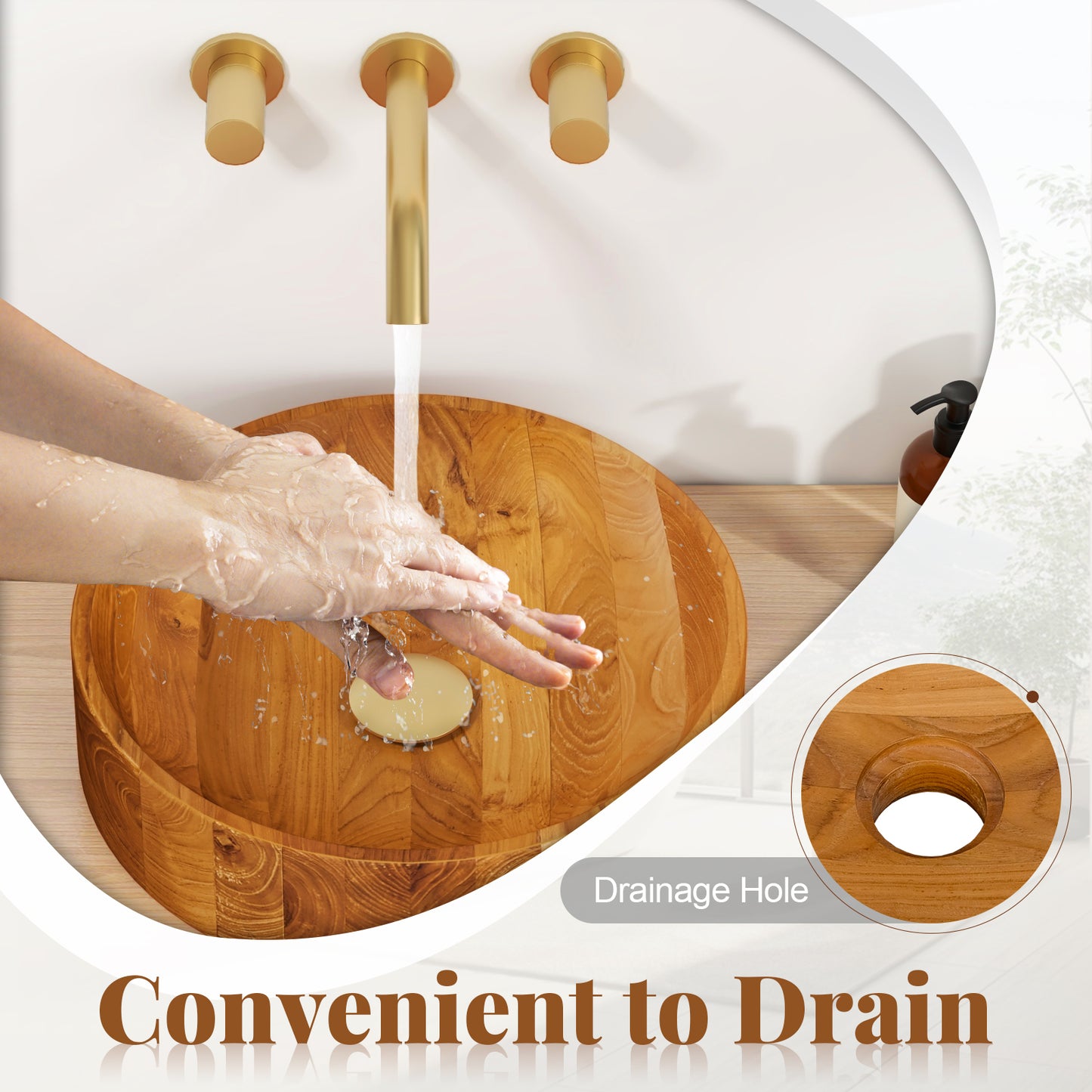 Elegant 16 Inch Teak Wood Washbasin with Smooth Finish and Soft Curves