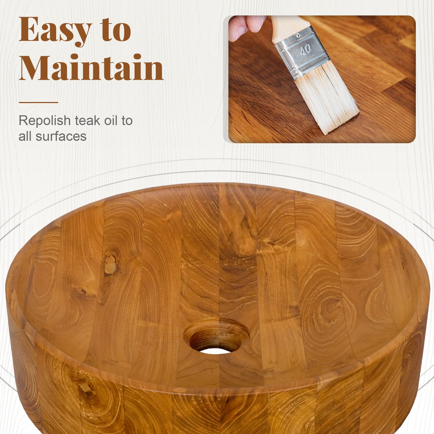 Elegant 16 Inch Teak Wood Washbasin with Smooth Finish and Soft Curves