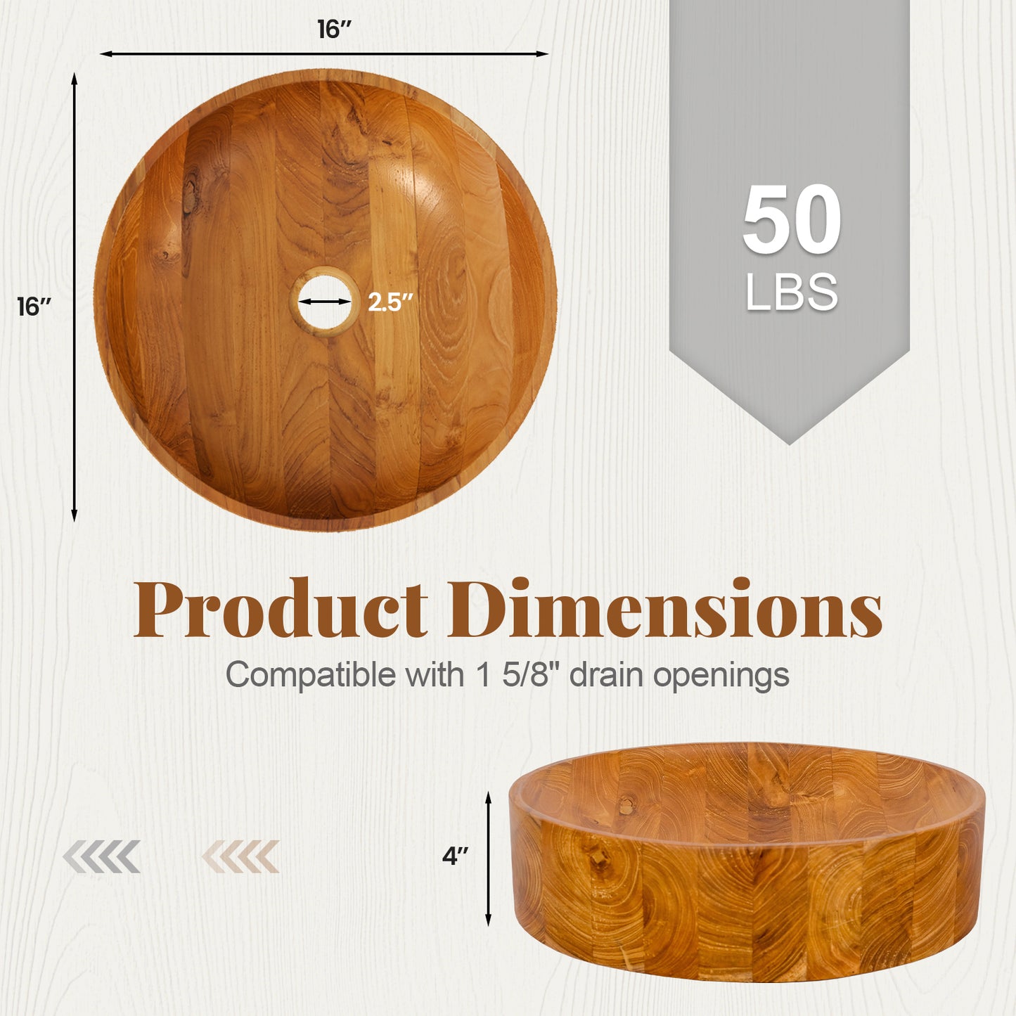 Elegant 16 Inch Teak Wood Washbasin with Smooth Finish and Soft Curves