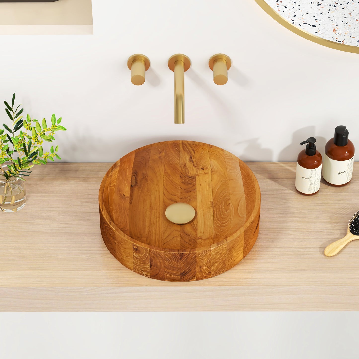 Elegant 16 Inch Teak Wood Washbasin with Smooth Finish and Soft Curves