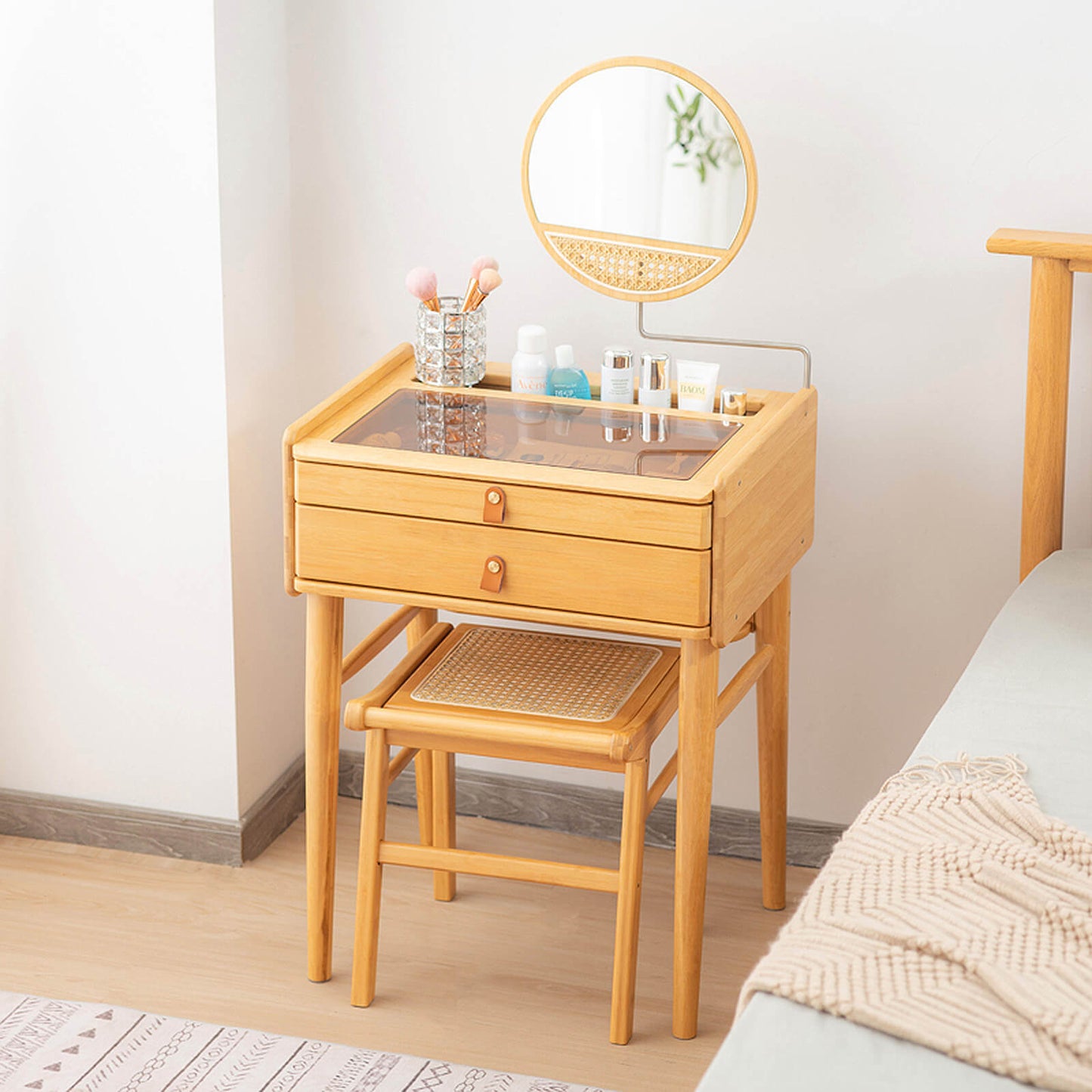 Compact Bamboo Vanity Set with Rotating Mirror, Glass Top, and Storage Drawers
