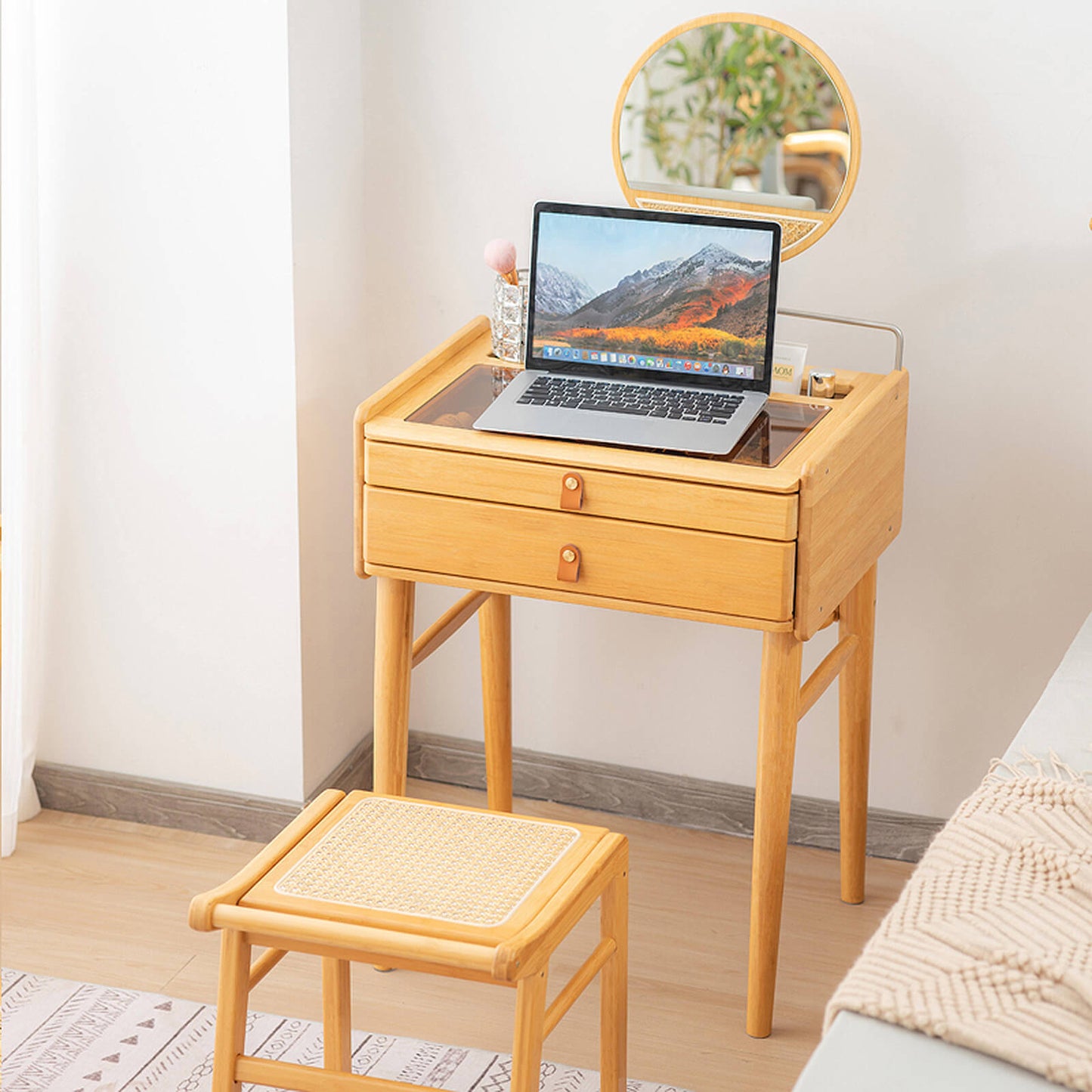 Compact Bamboo Vanity Set with Rotating Mirror, Glass Top, and Storage Drawers