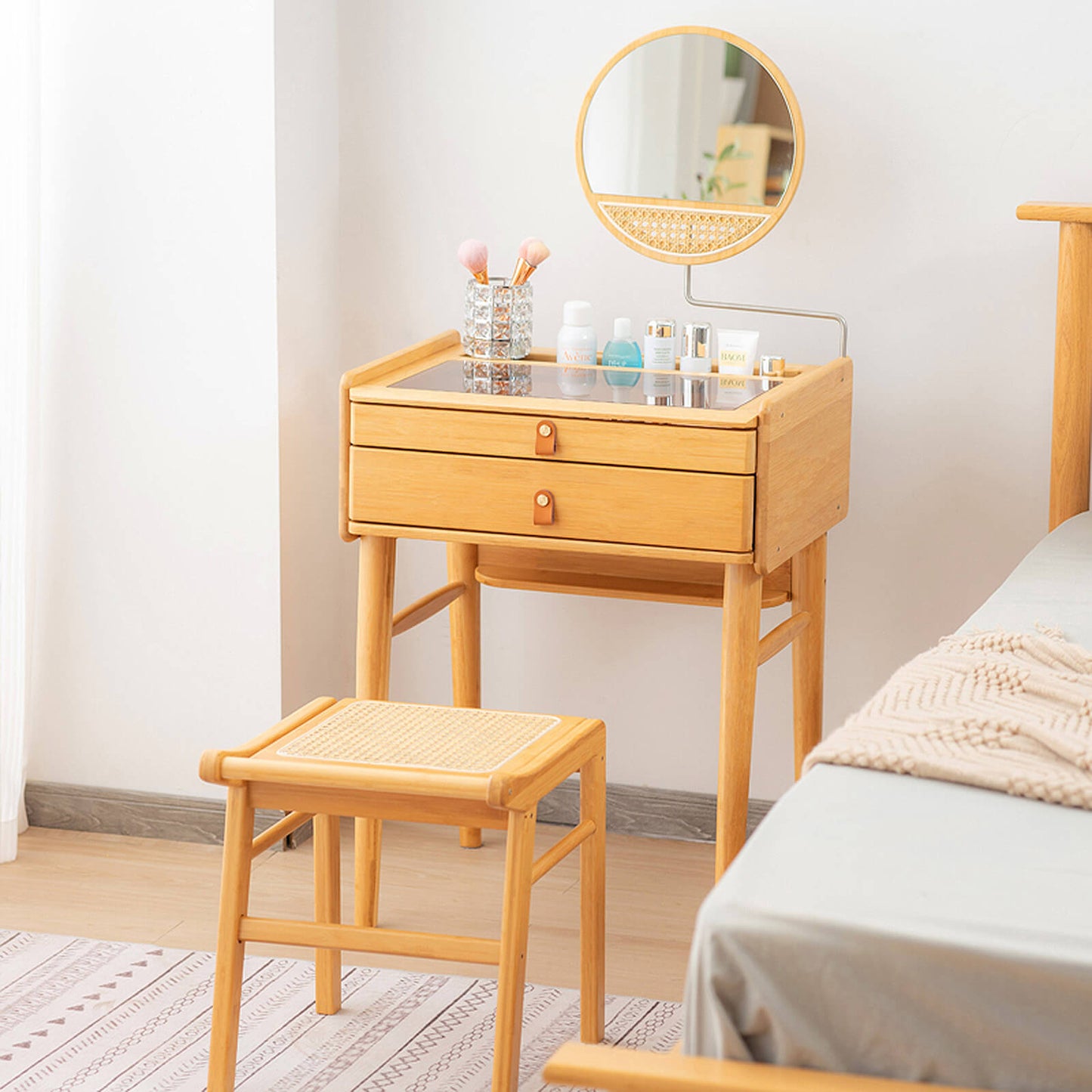 Compact Bamboo Vanity Set with Rotating Mirror, Glass Top, and Storage Drawers