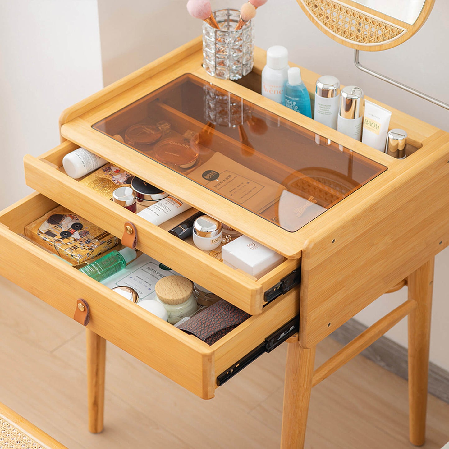 Compact Bamboo Vanity Set with Rotating Mirror, Glass Top, and Storage Drawers