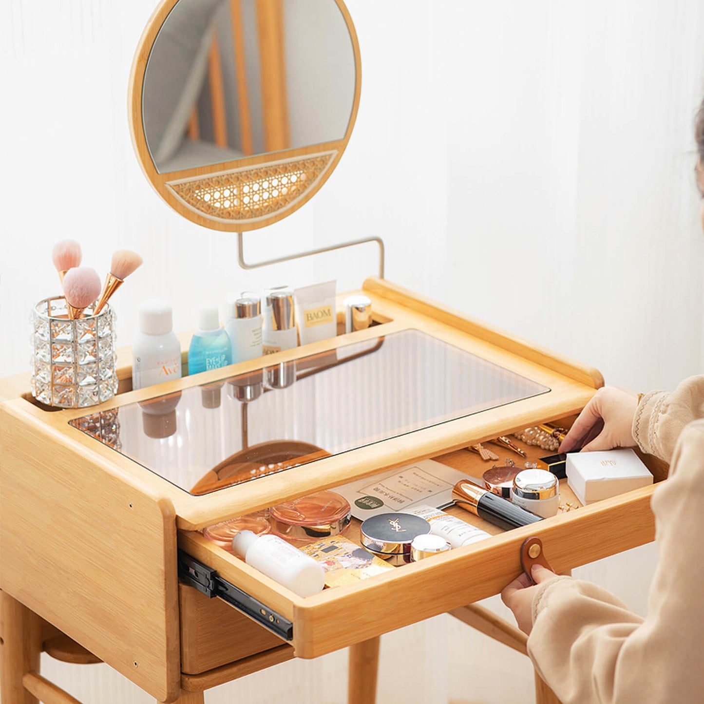 Compact Bamboo Vanity Set with Rotating Mirror, Glass Top, and Storage Drawers