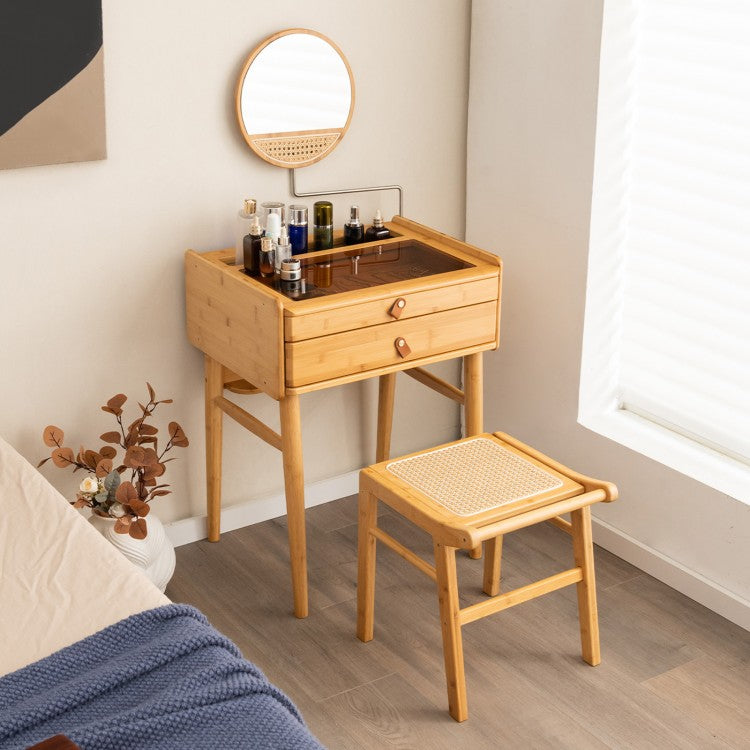 Compact Bamboo Vanity Set with Rotating Mirror, Glass Top, and Storage Drawers