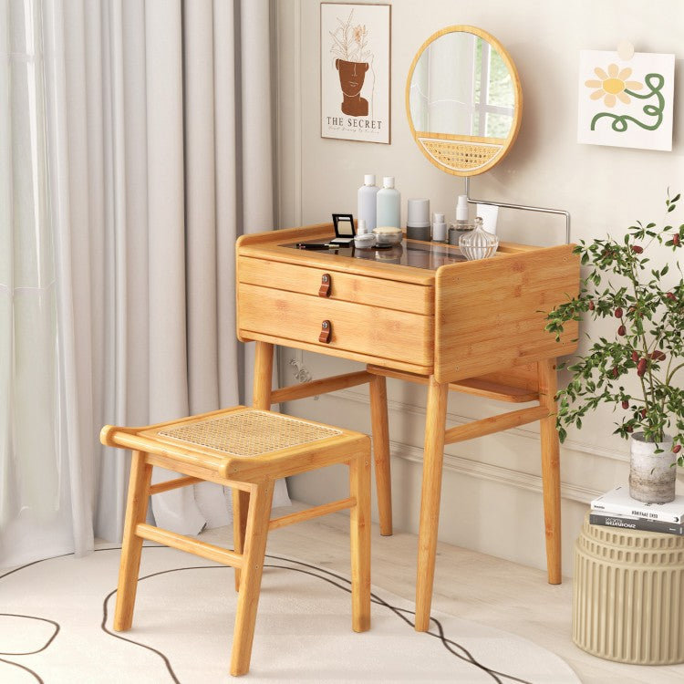 Compact Bamboo Vanity Set with Rotating Mirror, Glass Top, and Storage Drawers