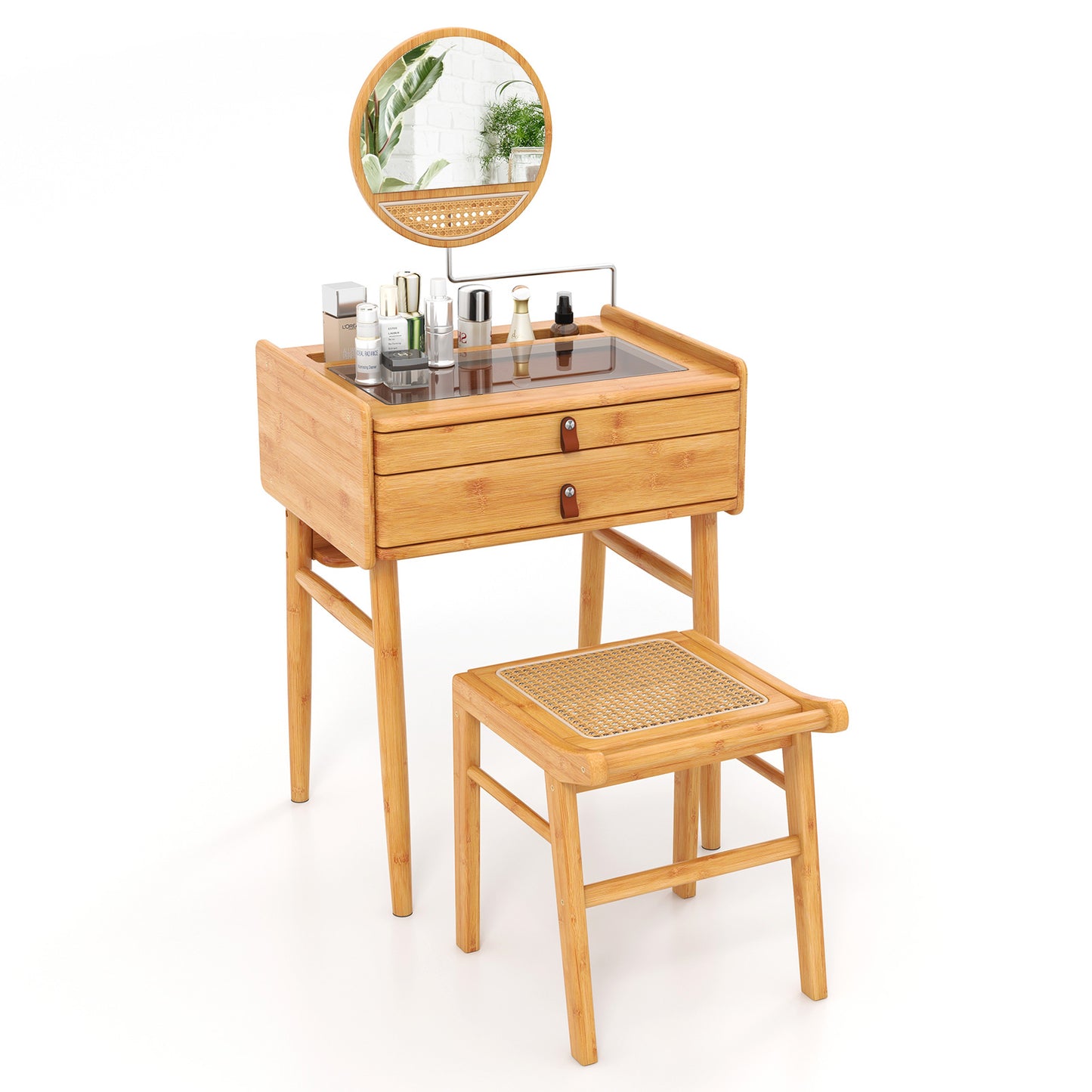 Compact Bamboo Vanity Set with Rotating Mirror, Glass Top, and Storage Drawers