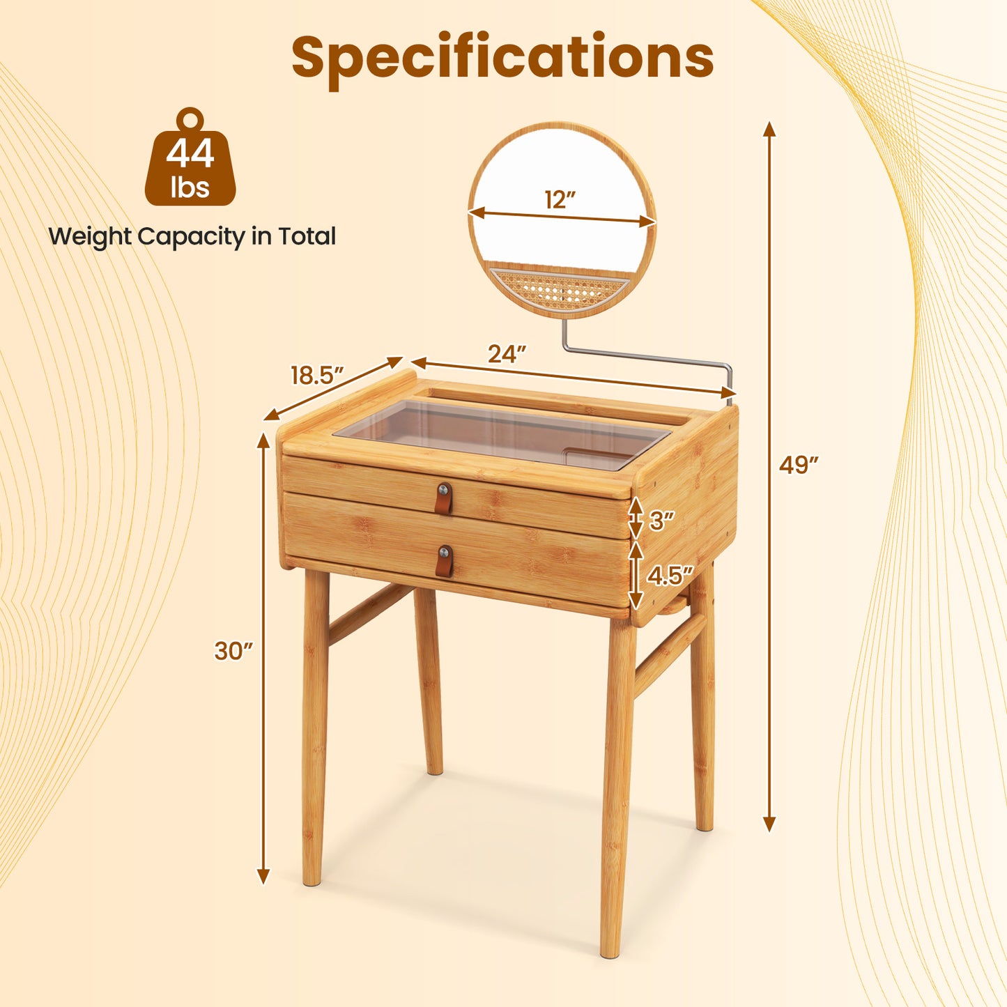 Compact Bamboo Vanity Set with Rotating Mirror, Glass Top, and Storage Drawers
