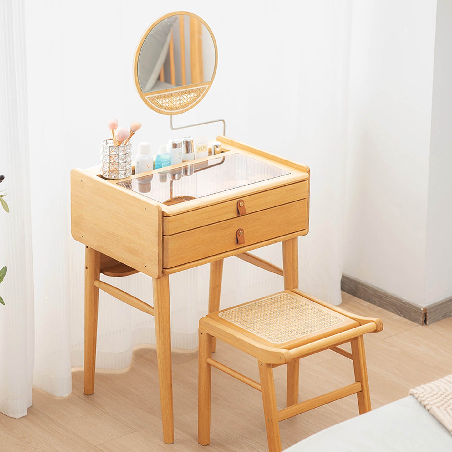 Compact Bamboo Vanity Set with Rotating Mirror, Glass Top, and Storage Drawers