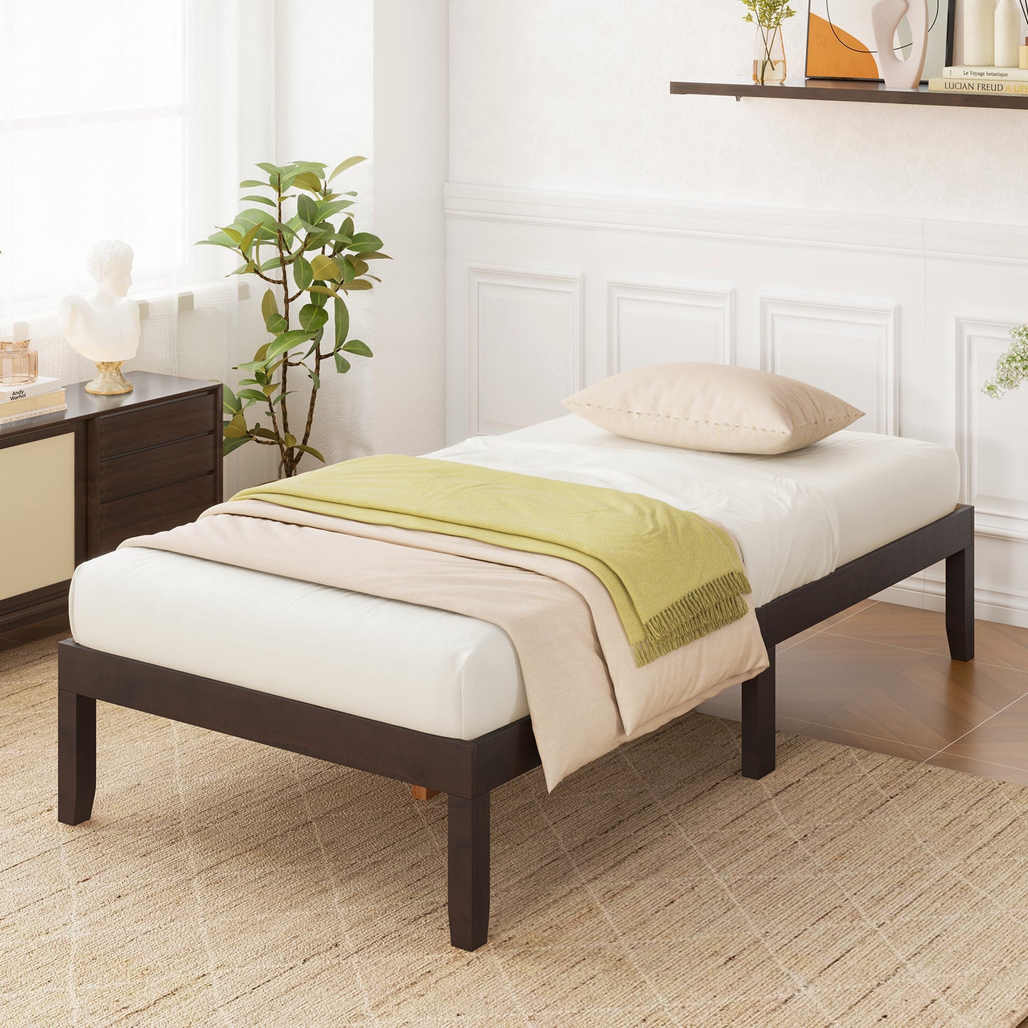 Minimalist Twin Size Wood Platform Bed Frame with Slat Support and 10.5" Underbed Clearance – Espresso