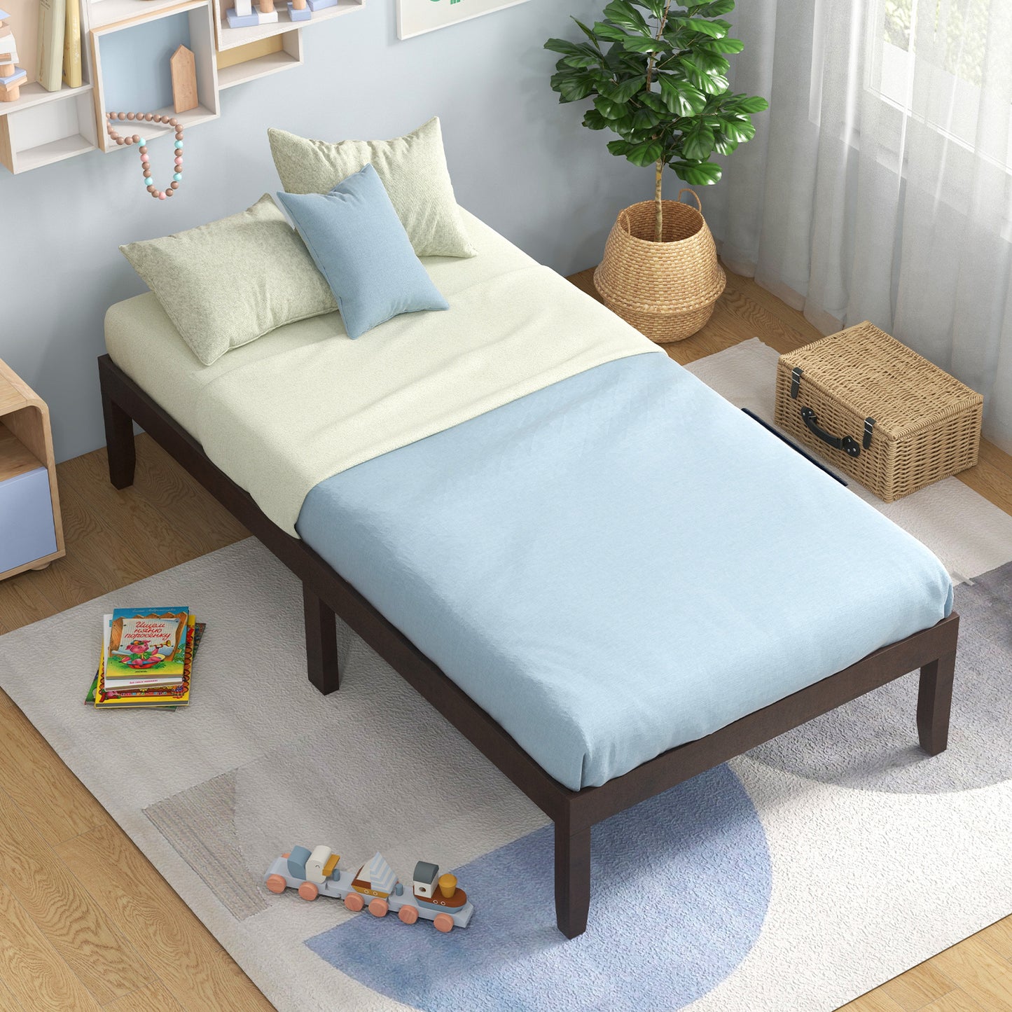 Minimalist Twin Size Wood Platform Bed Frame with Slat Support and 10.5" Underbed Clearance – Espresso