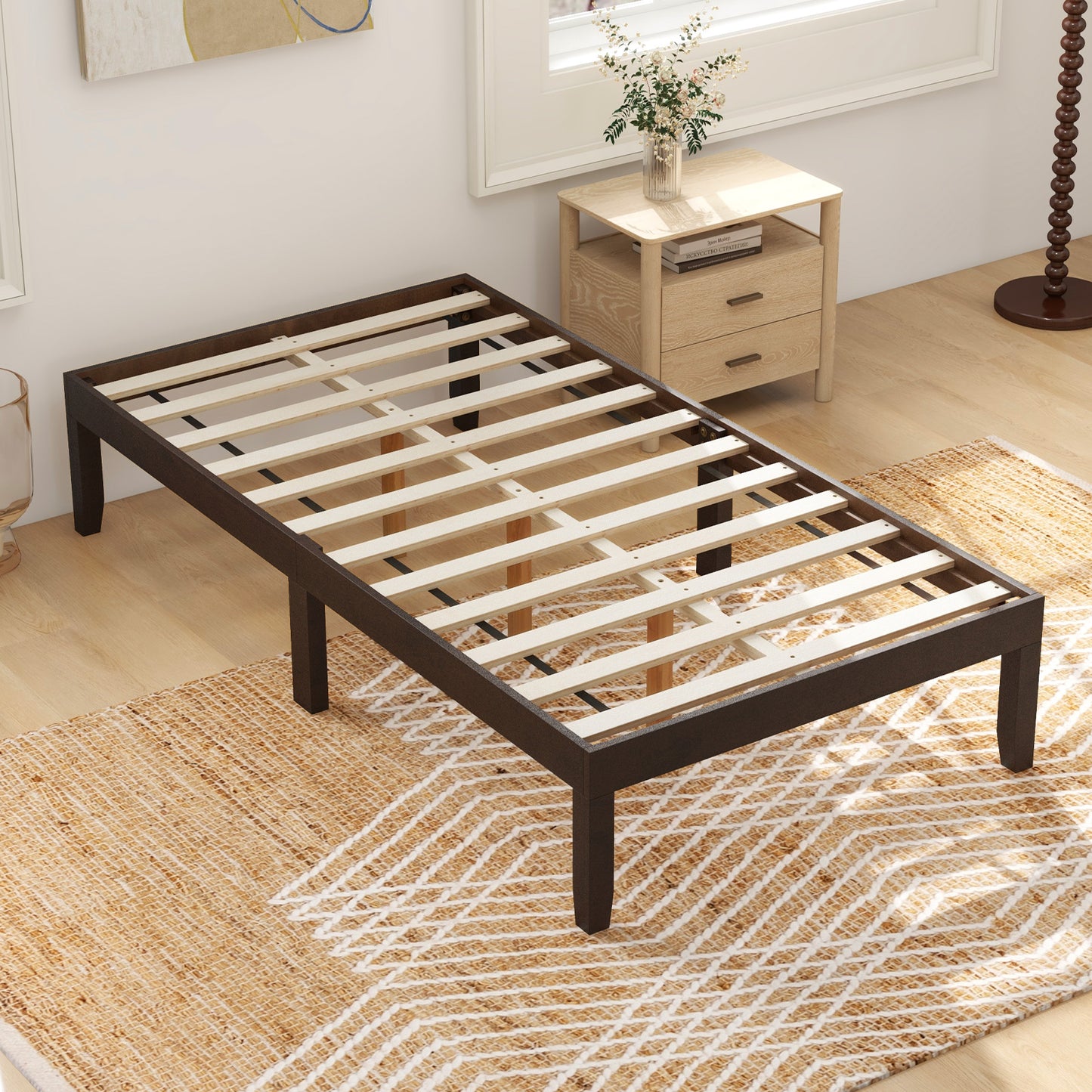 Minimalist Twin Size Wood Platform Bed Frame with Slat Support and 10.5" Underbed Clearance – Espresso
