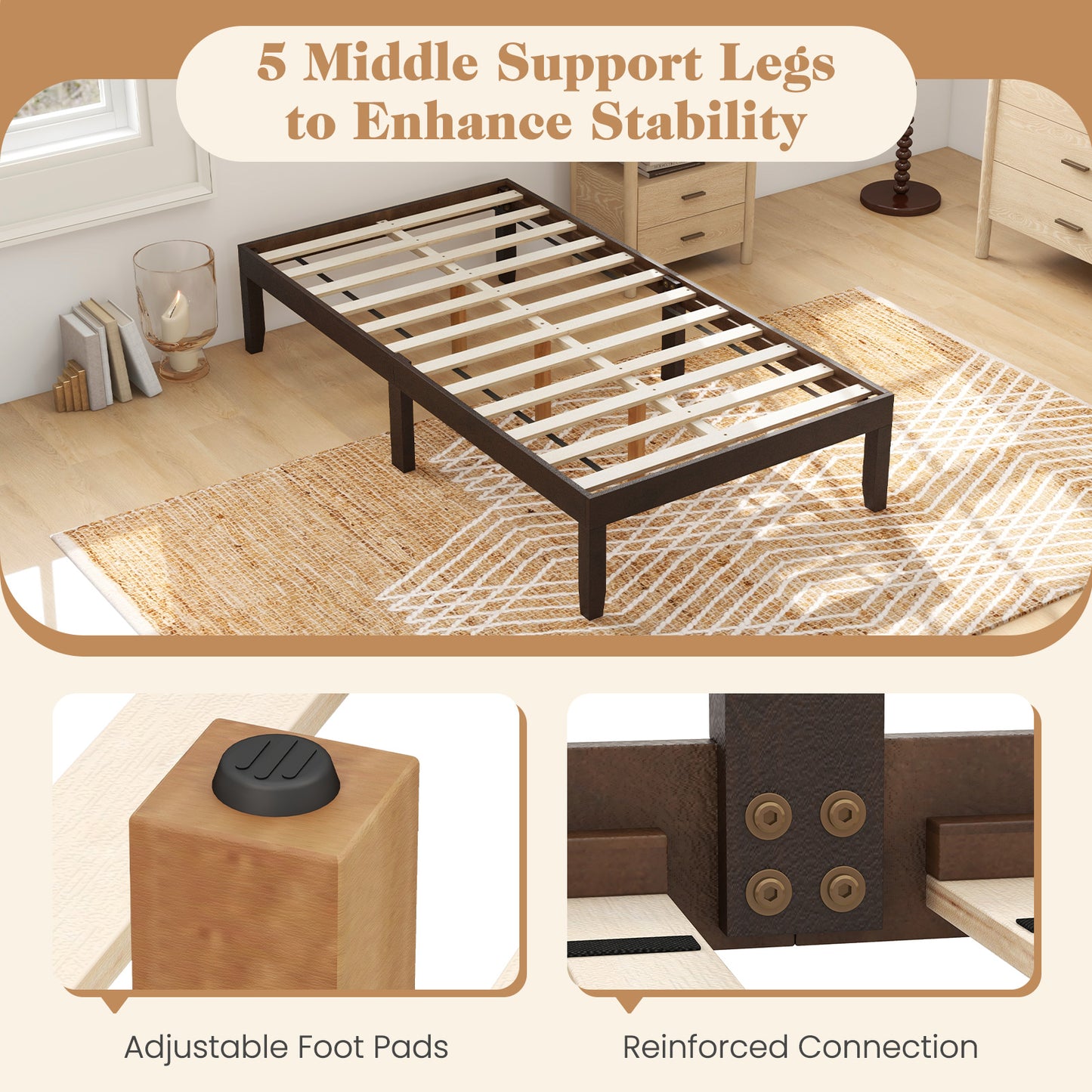 Minimalist Twin Size Wood Platform Bed Frame with Slat Support and 10.5" Underbed Clearance – Espresso