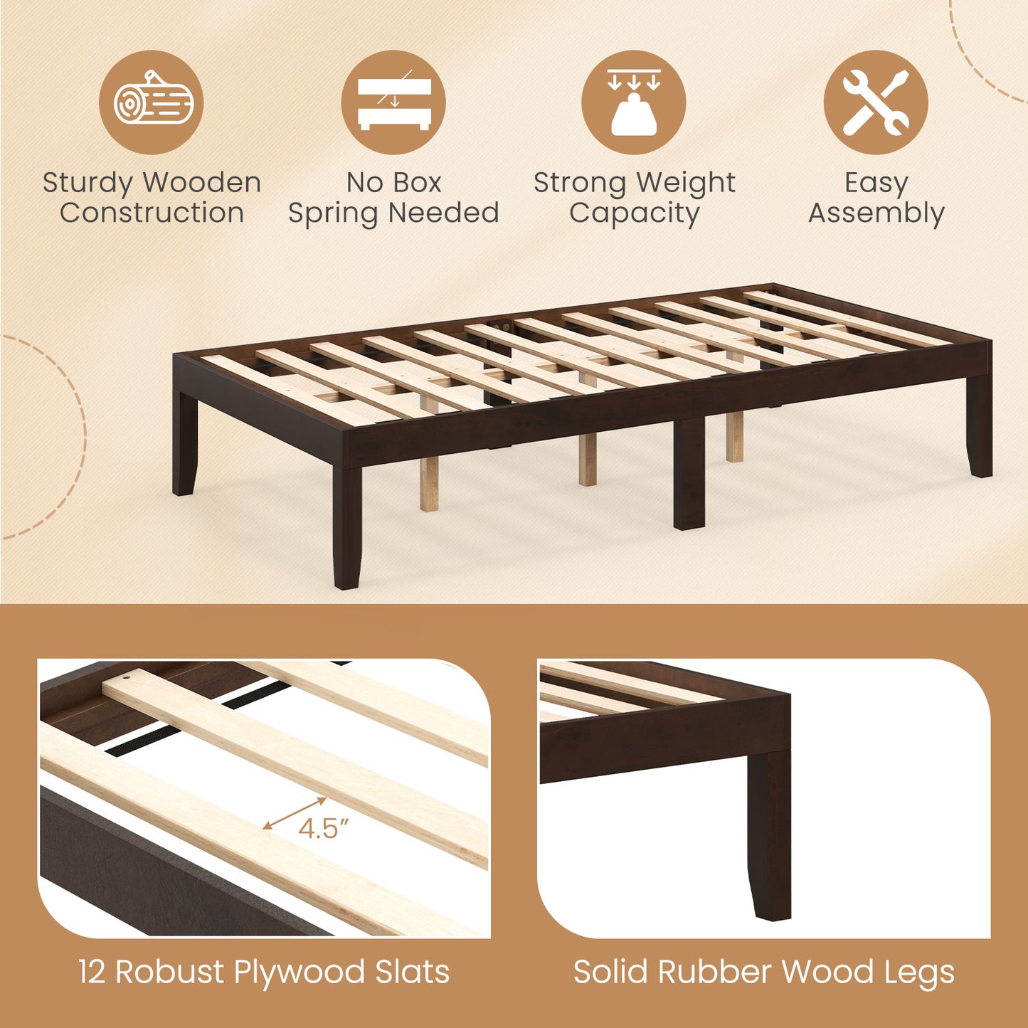 Minimalist Twin Size Wood Platform Bed Frame with Slat Support and 10.5" Underbed Clearance – Espresso