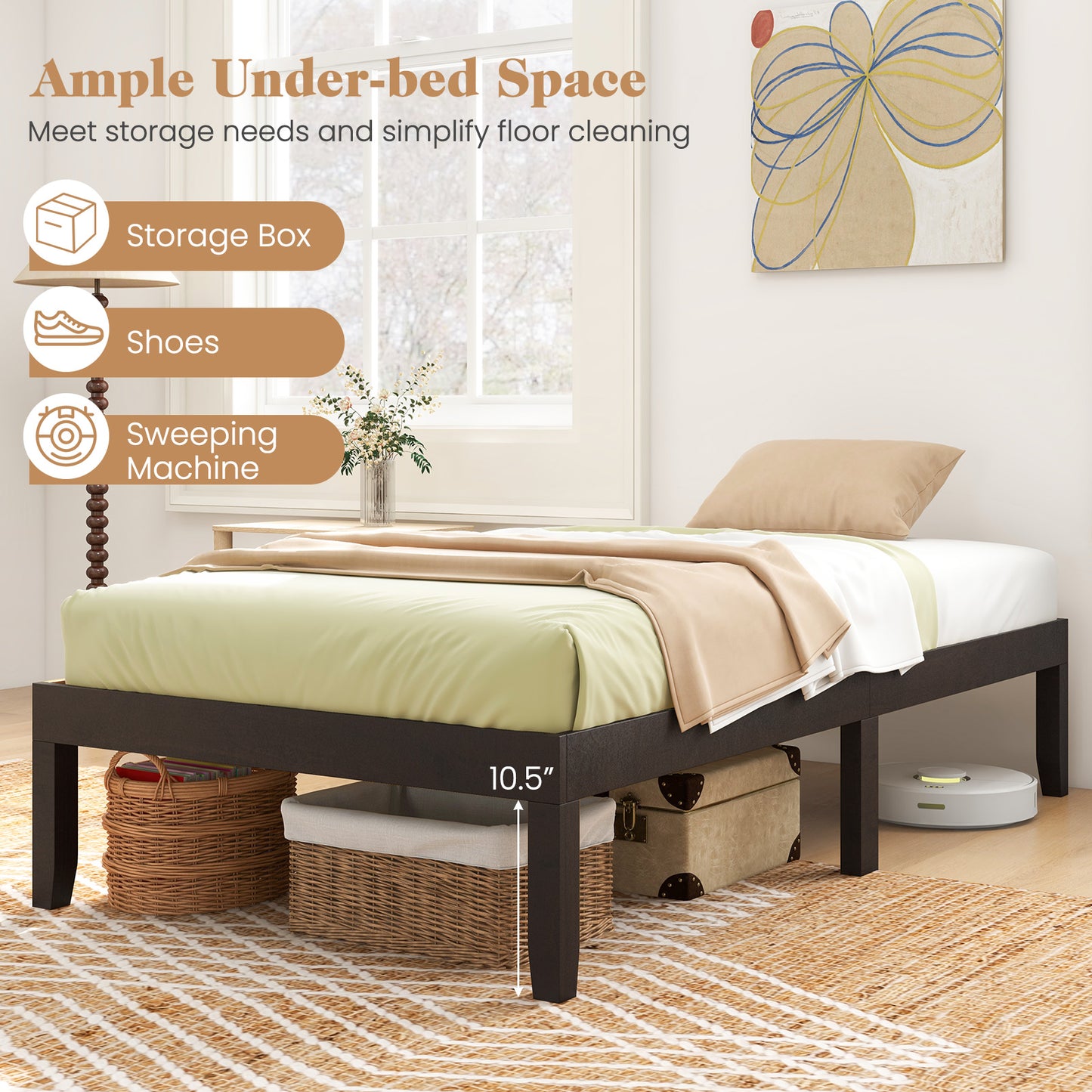 Minimalist Twin Size Wood Platform Bed Frame with Slat Support and 10.5" Underbed Clearance – Espresso