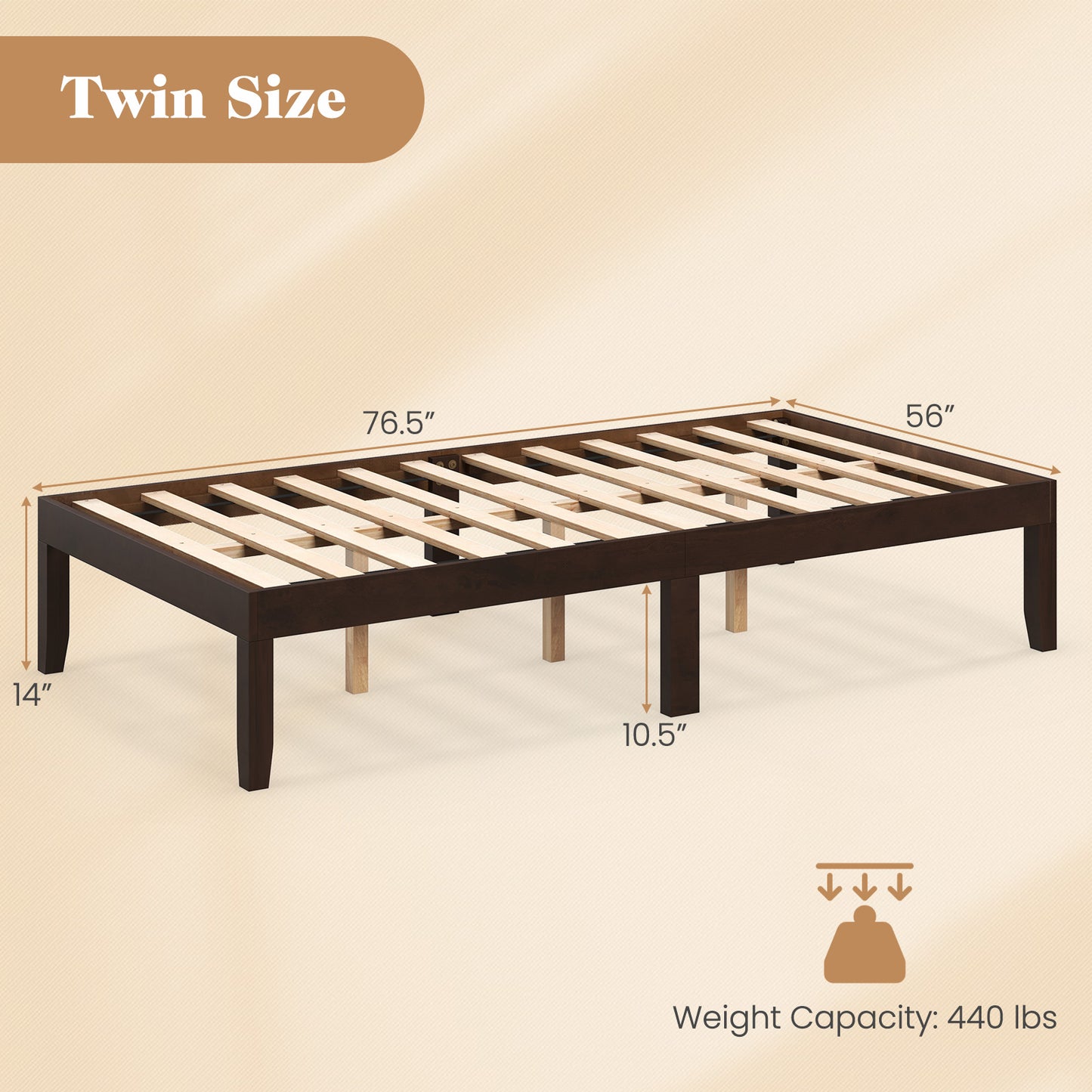 Minimalist Twin Size Wood Platform Bed Frame with Slat Support and 10.5" Underbed Clearance – Espresso