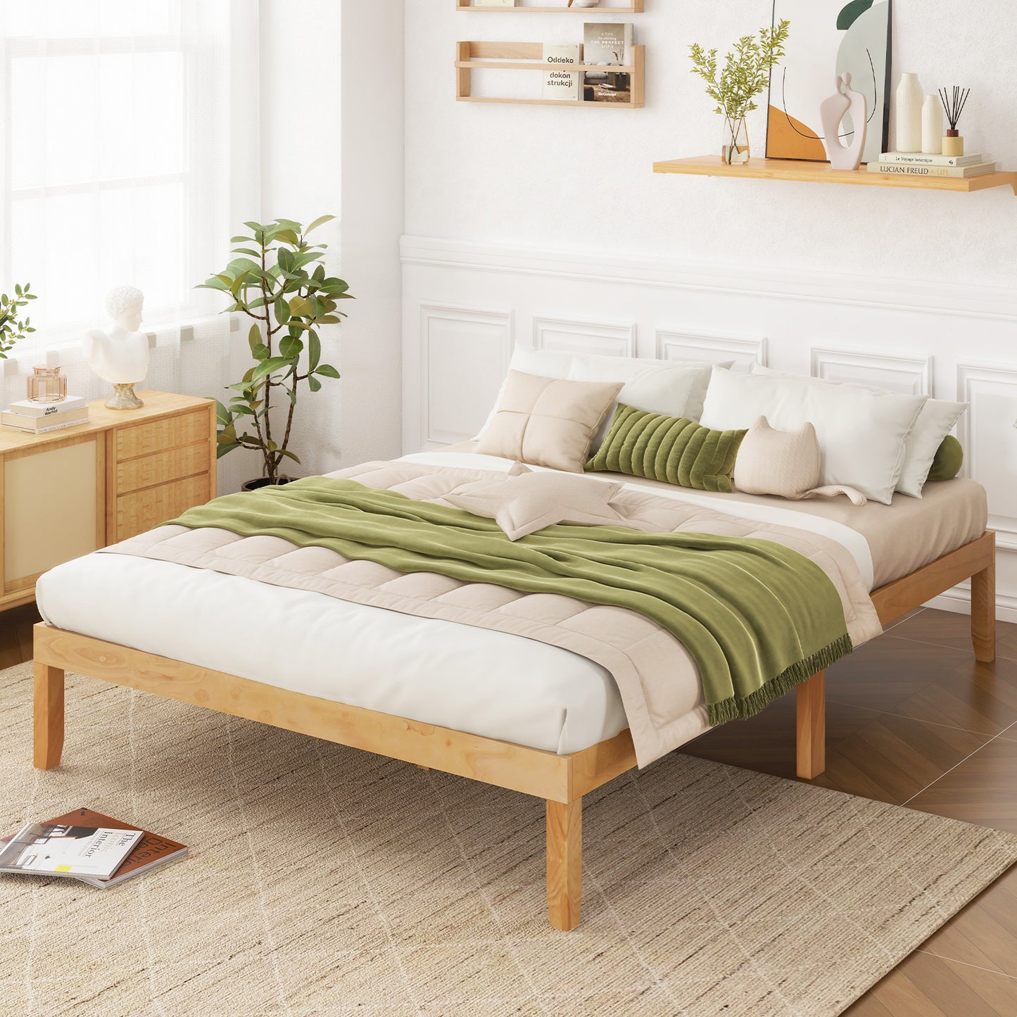 Minimalist Full Size Wood Platform Bed Frame with Slat Support and 10.5" Underbed Clearance – Natural