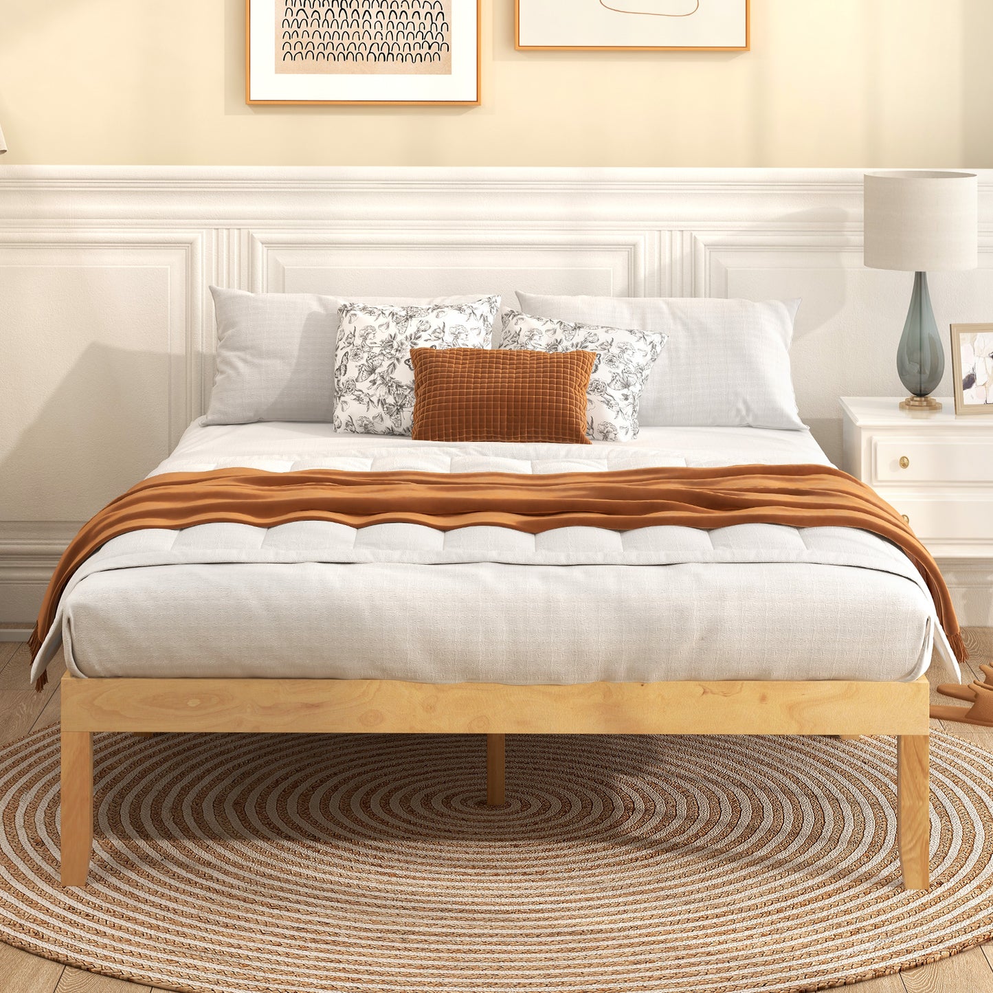 Minimalist Full Size Wood Platform Bed Frame with Slat Support and 10.5" Underbed Clearance – Natural