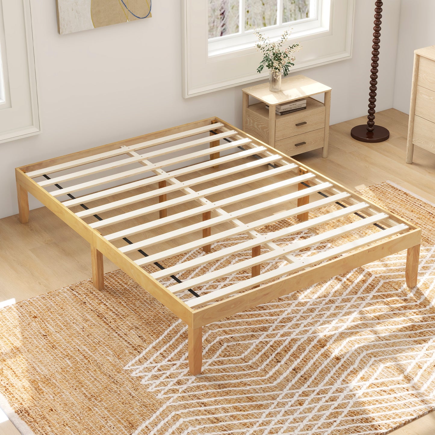 Minimalist Full Size Wood Platform Bed Frame with Slat Support and 10.5" Underbed Clearance – Natural