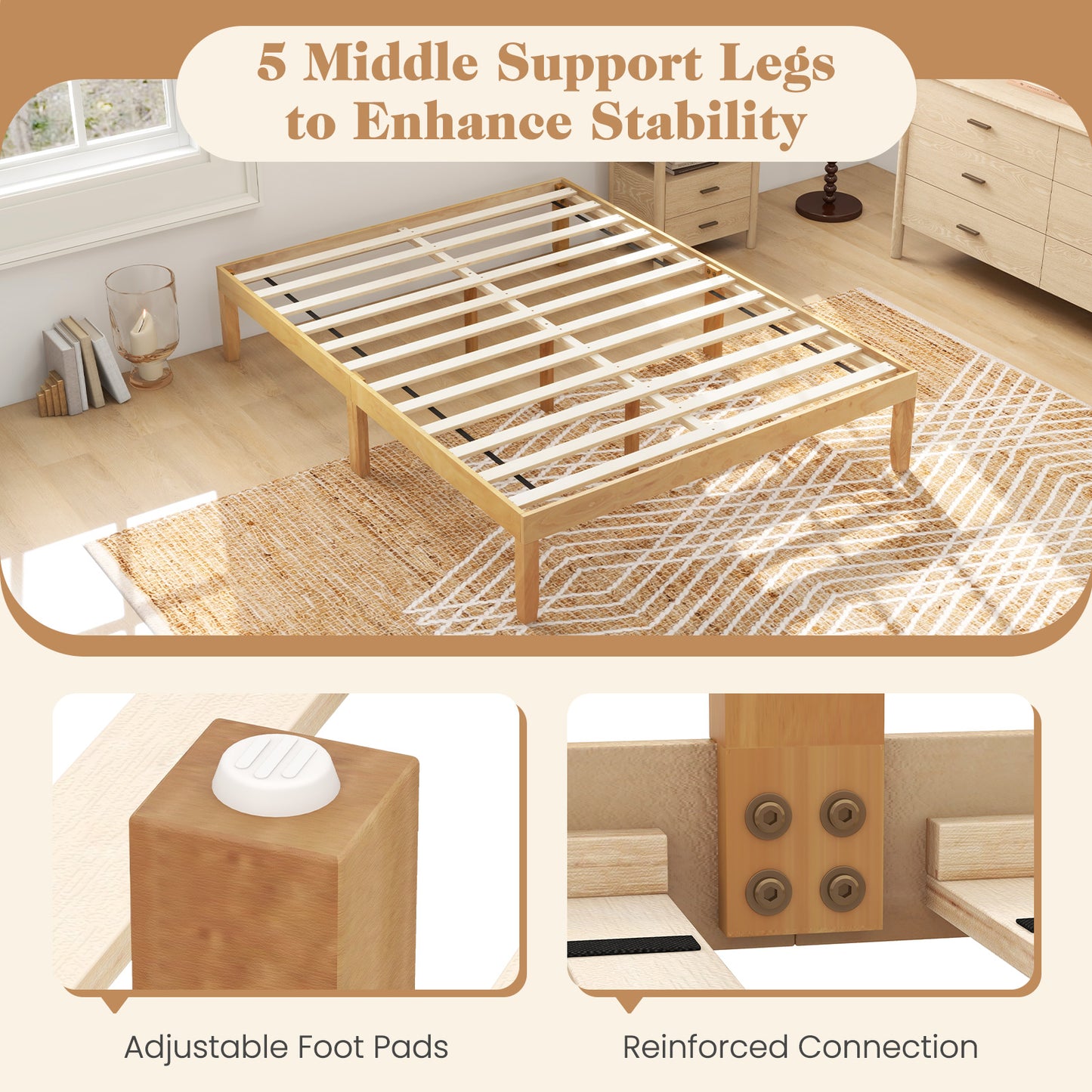 Minimalist Full Size Wood Platform Bed Frame with Slat Support and 10.5" Underbed Clearance – Natural