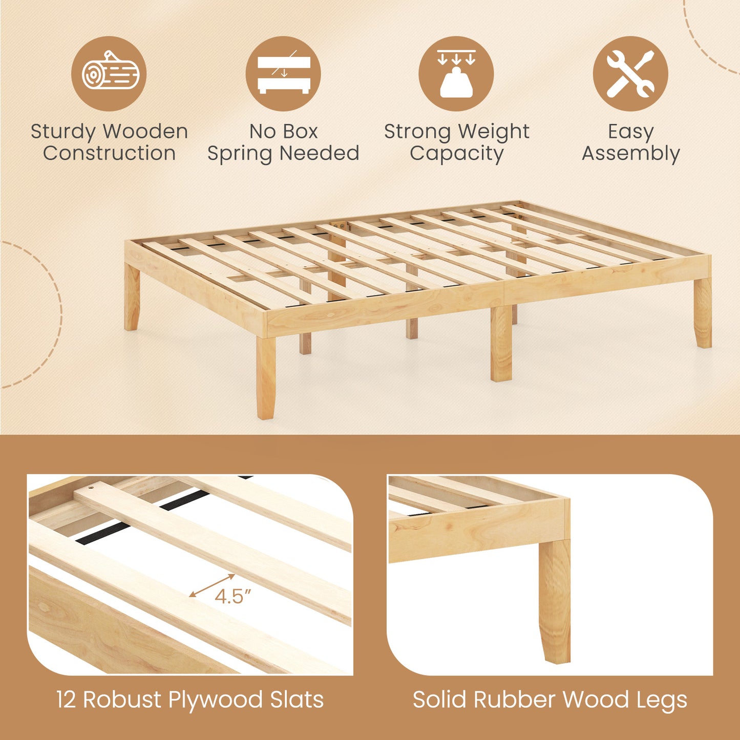 Minimalist Full Size Wood Platform Bed Frame with Slat Support and 10.5" Underbed Clearance – Natural