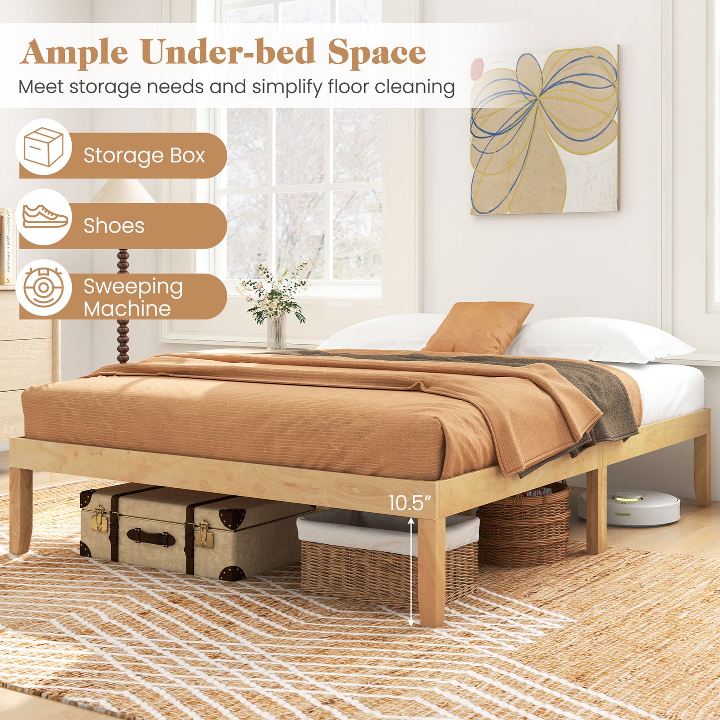 Minimalist Full Size Wood Platform Bed Frame with Slat Support and 10.5" Underbed Clearance – Natural