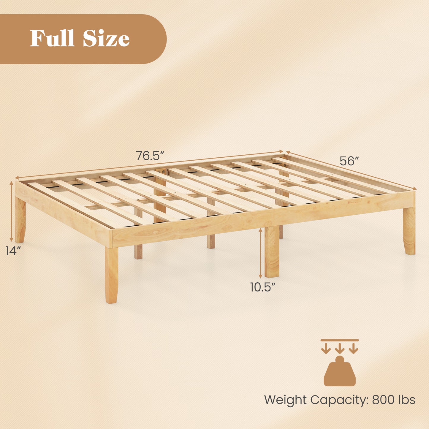 Minimalist Full Size Wood Platform Bed Frame with Slat Support and 10.5" Underbed Clearance – Natural