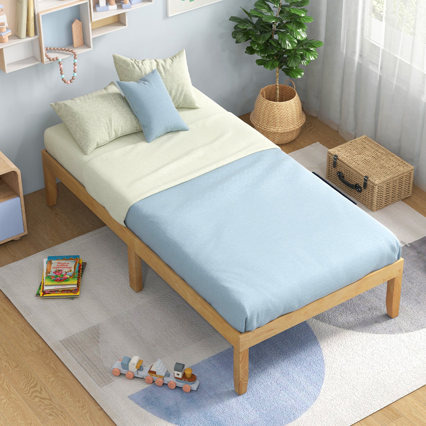 Minimalist Twin Size Wood Platform Bed Frame with Slat Support and 10.5" Underbed Clearance – Natural