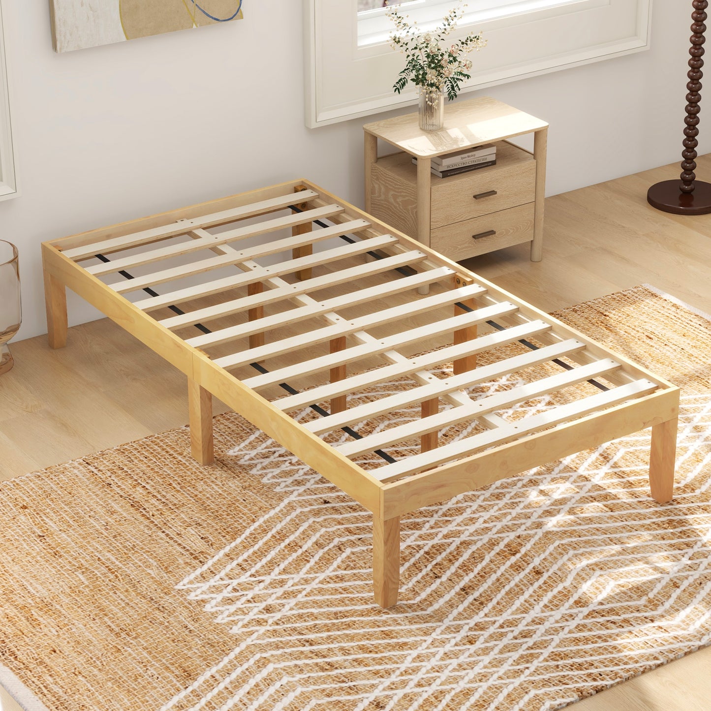 Minimalist Twin Size Wood Platform Bed Frame with Slat Support and 10.5" Underbed Clearance – Natural