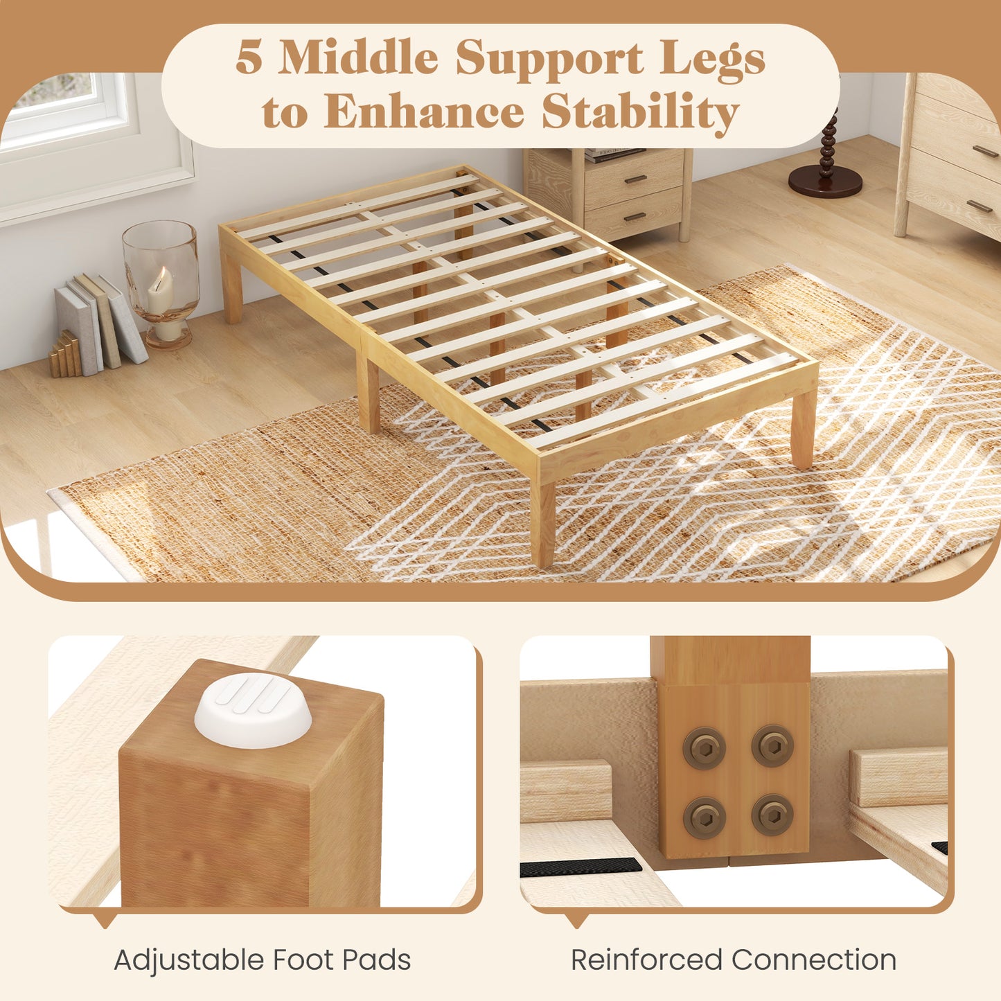 Minimalist Twin Size Wood Platform Bed Frame with Slat Support and 10.5" Underbed Clearance – Natural