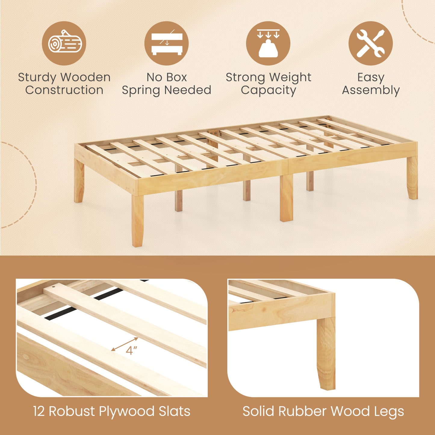 Minimalist Twin Size Wood Platform Bed Frame with Slat Support and 10.5" Underbed Clearance – Natural