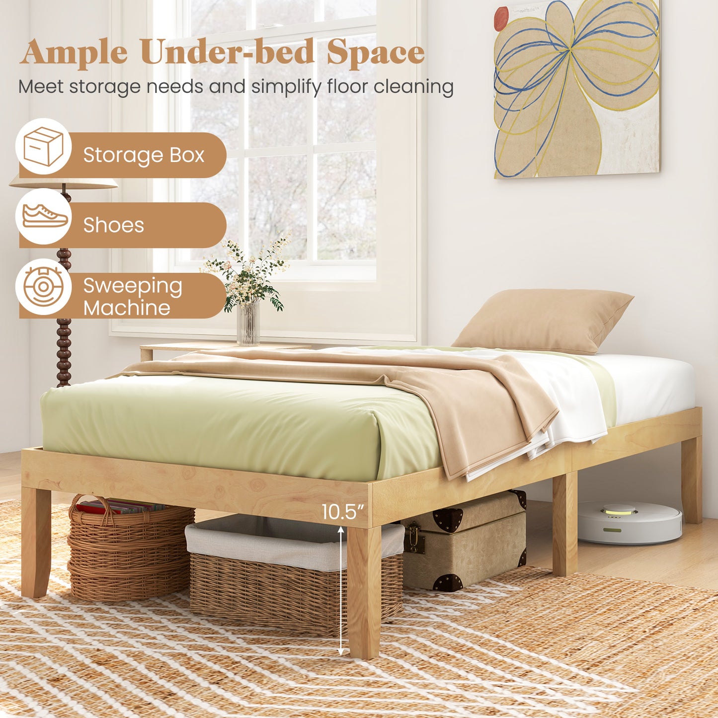 Minimalist Twin Size Wood Platform Bed Frame with Slat Support and 10.5" Underbed Clearance – Natural