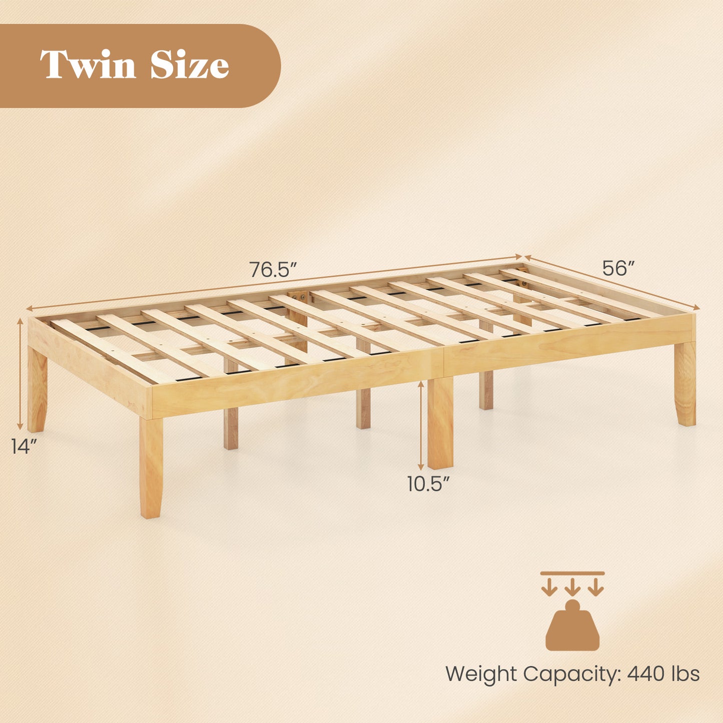 Minimalist Twin Size Wood Platform Bed Frame with Slat Support and 10.5" Underbed Clearance – Natural