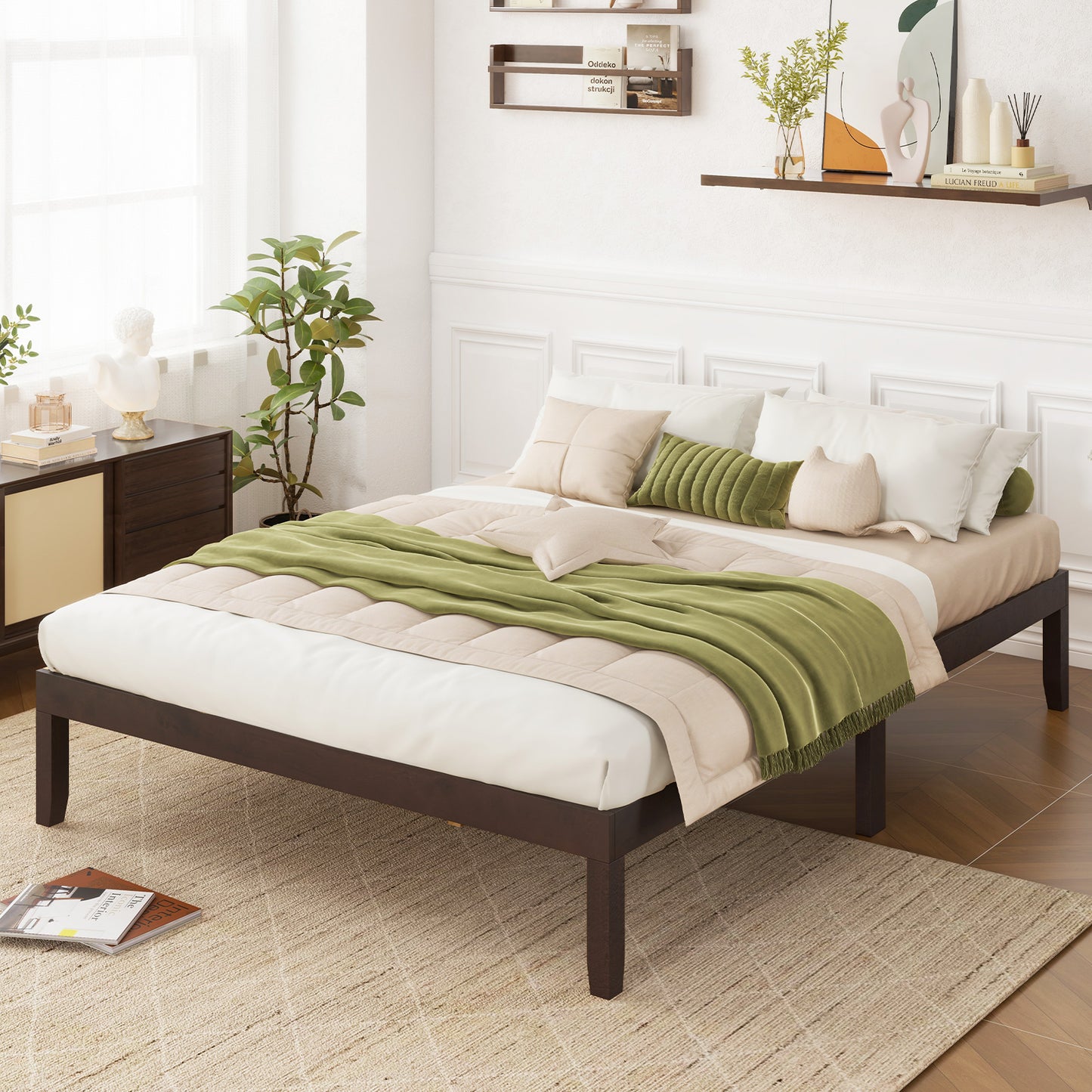 Minimalist Full Size Wood Platform Bed Frame with Slat Support and 10.5" Underbed Clearance – Espresso
