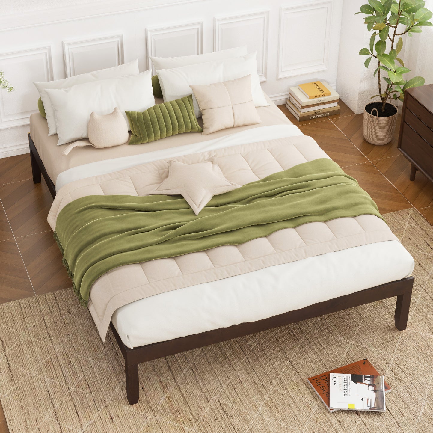 Minimalist Full Size Wood Platform Bed Frame with Slat Support and 10.5" Underbed Clearance – Espresso
