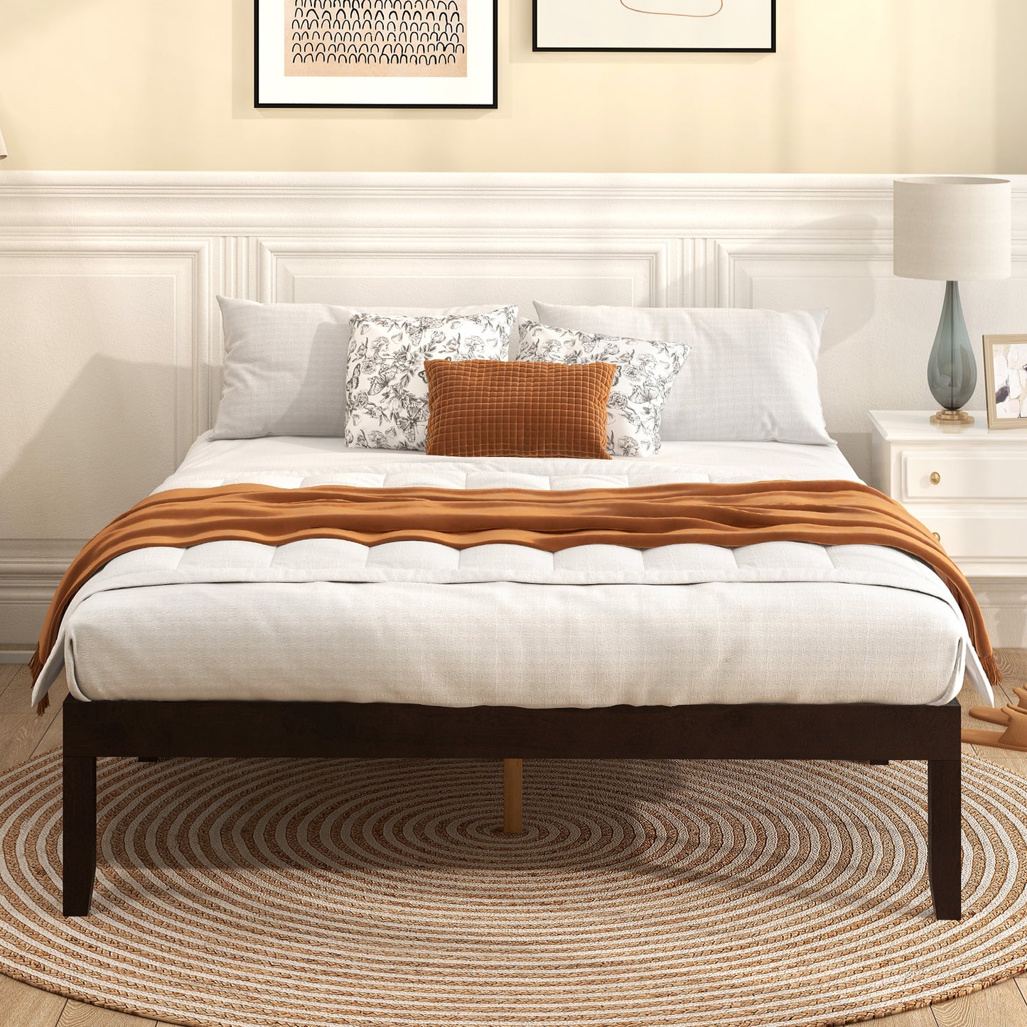 Minimalist Full Size Wood Platform Bed Frame with Slat Support and 10.5" Underbed Clearance – Espresso