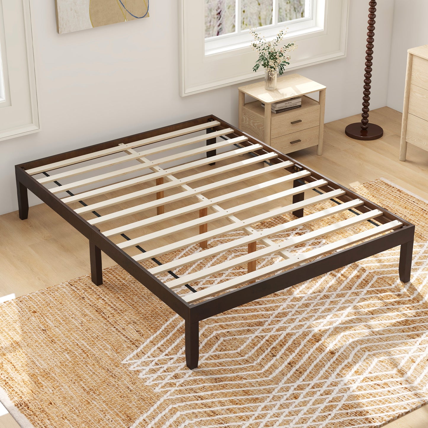 Minimalist Full Size Wood Platform Bed Frame with Slat Support and 10.5" Underbed Clearance – Espresso