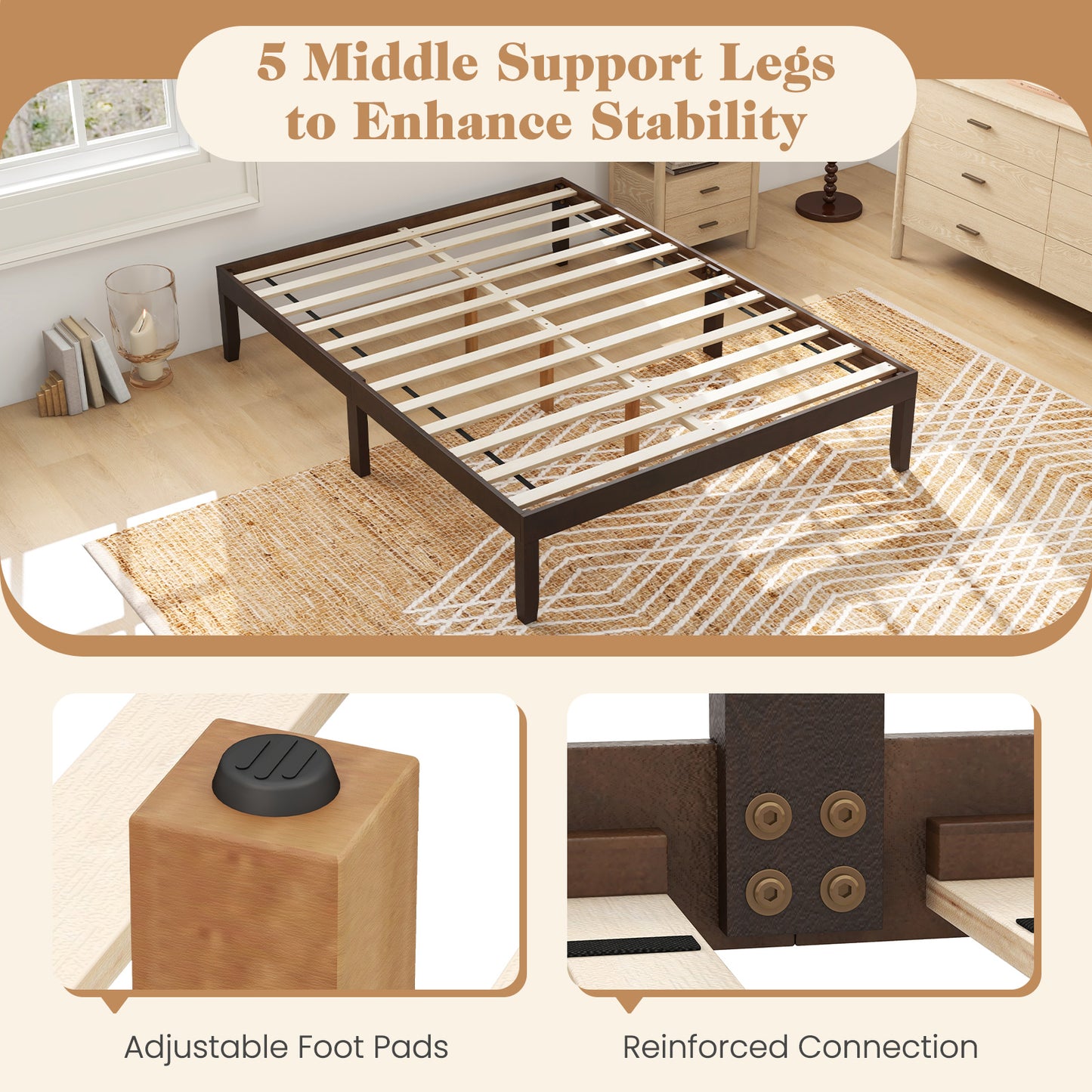 Minimalist Full Size Wood Platform Bed Frame with Slat Support and 10.5" Underbed Clearance – Espresso