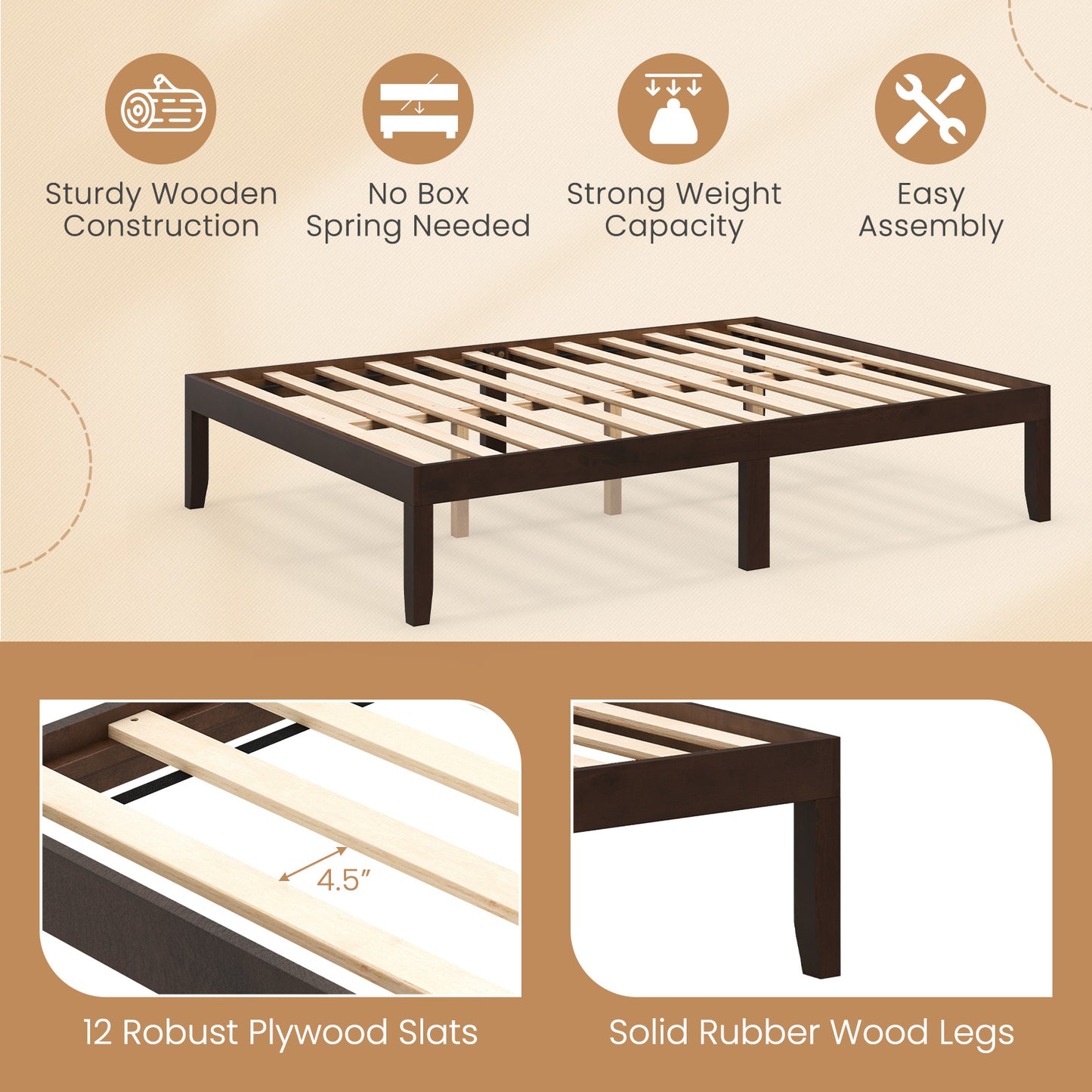 Minimalist Full Size Wood Platform Bed Frame with Slat Support and 10.5" Underbed Clearance – Espresso