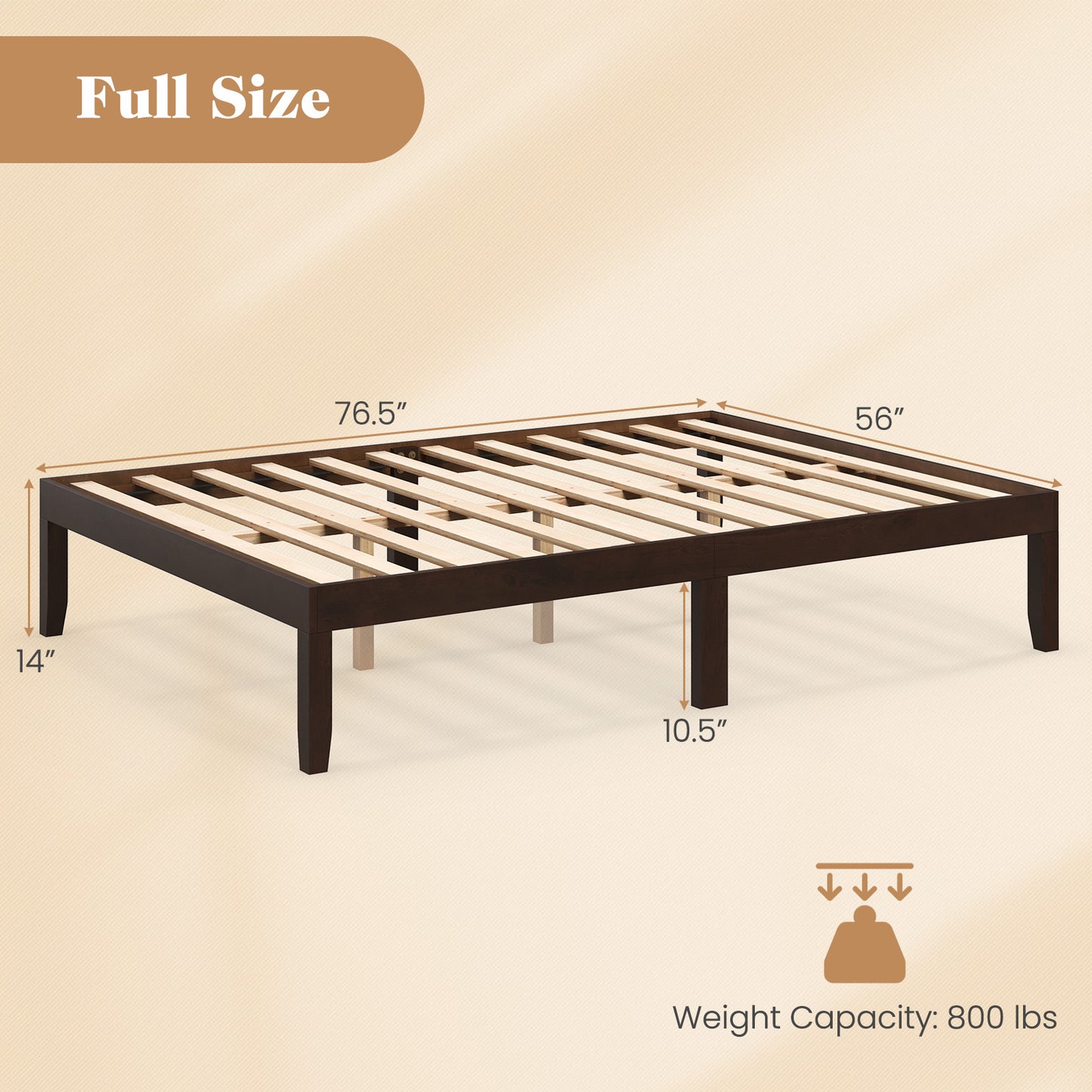 Minimalist Full Size Wood Platform Bed Frame with Slat Support and 10.5" Underbed Clearance – Espresso