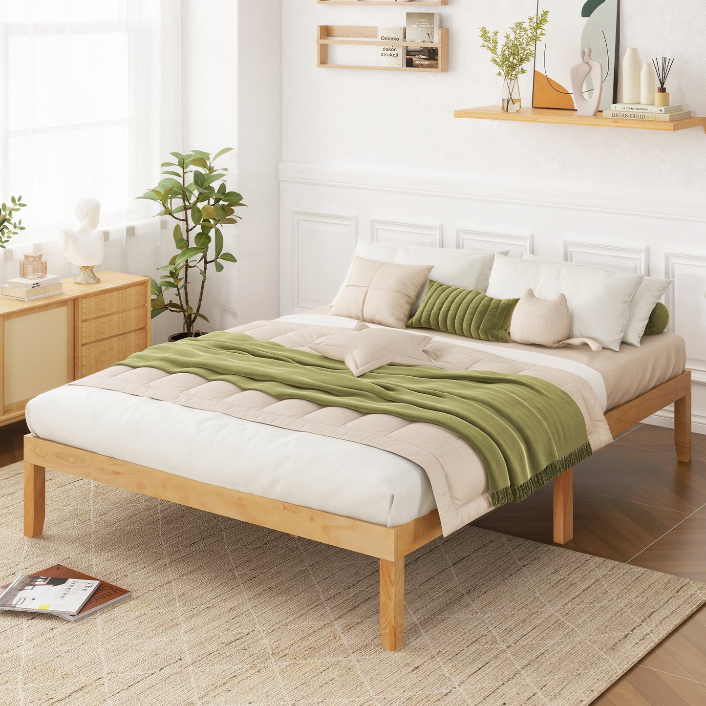 Minimalist Queen Size Wood Platform Bed Frame with Slat Support and 10.5" Underbed Clearance – Natural