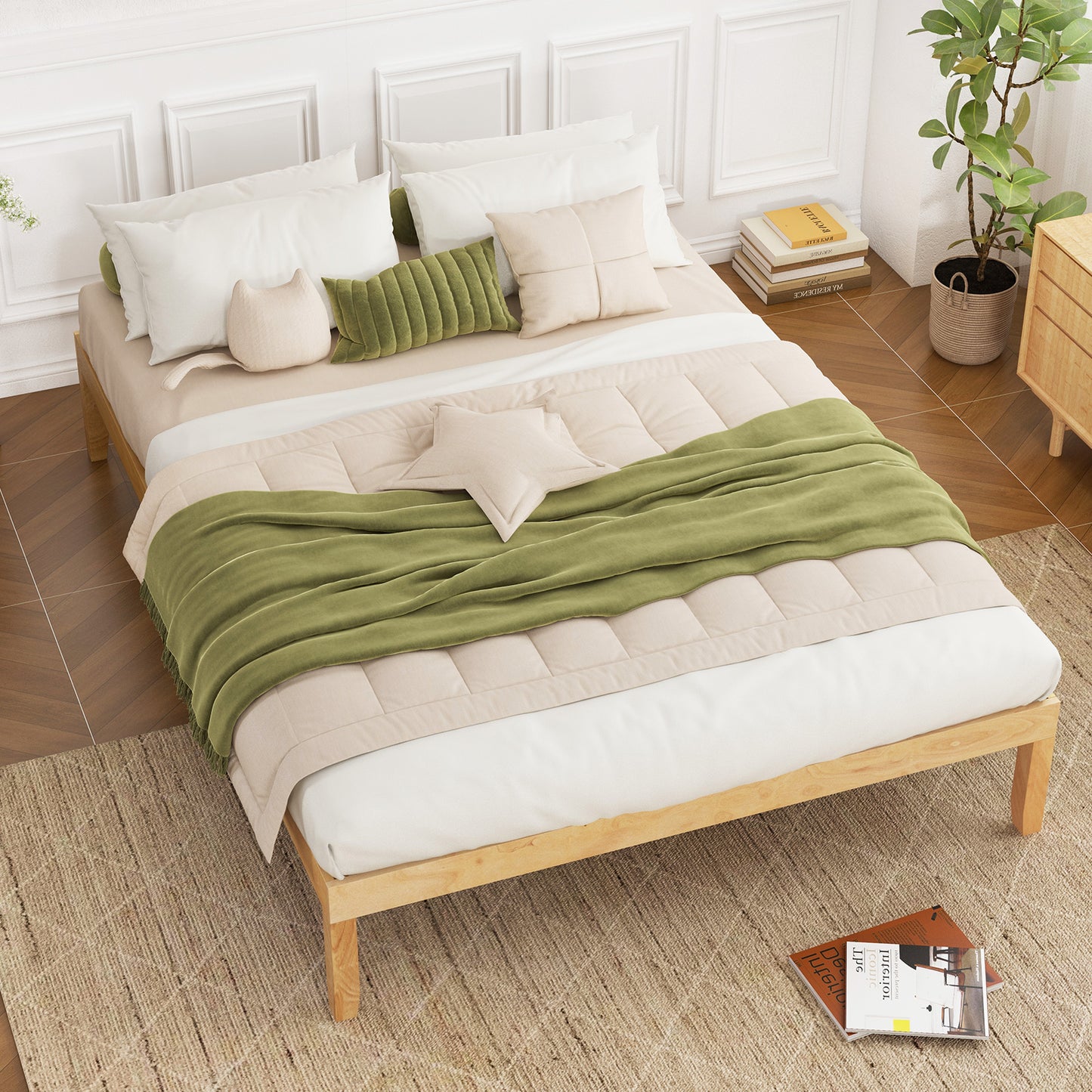 Minimalist Queen Size Wood Platform Bed Frame with Slat Support and 10.5" Underbed Clearance – Natural