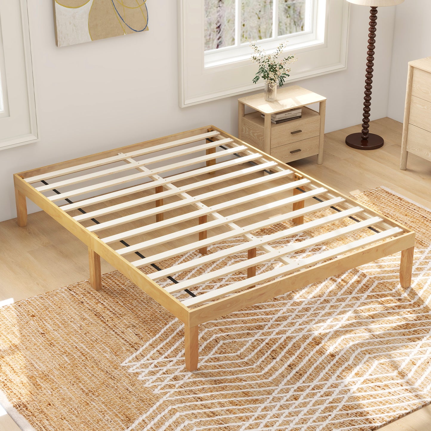 Minimalist Queen Size Wood Platform Bed Frame with Slat Support and 10.5" Underbed Clearance – Natural