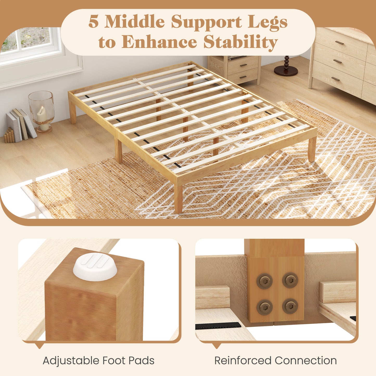 Minimalist Queen Size Wood Platform Bed Frame with Slat Support and 10.5" Underbed Clearance – Natural