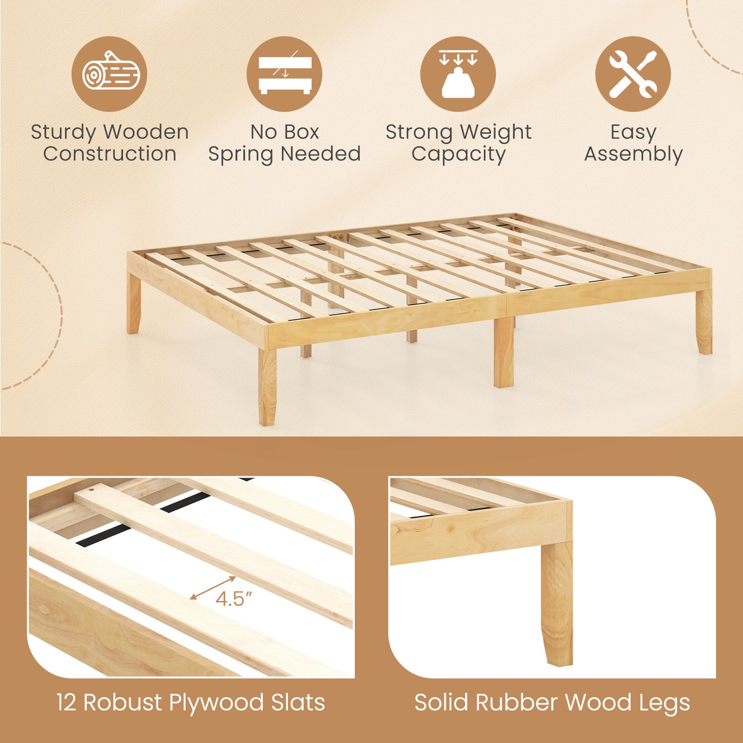 Minimalist Queen Size Wood Platform Bed Frame with Slat Support and 10.5" Underbed Clearance – Natural